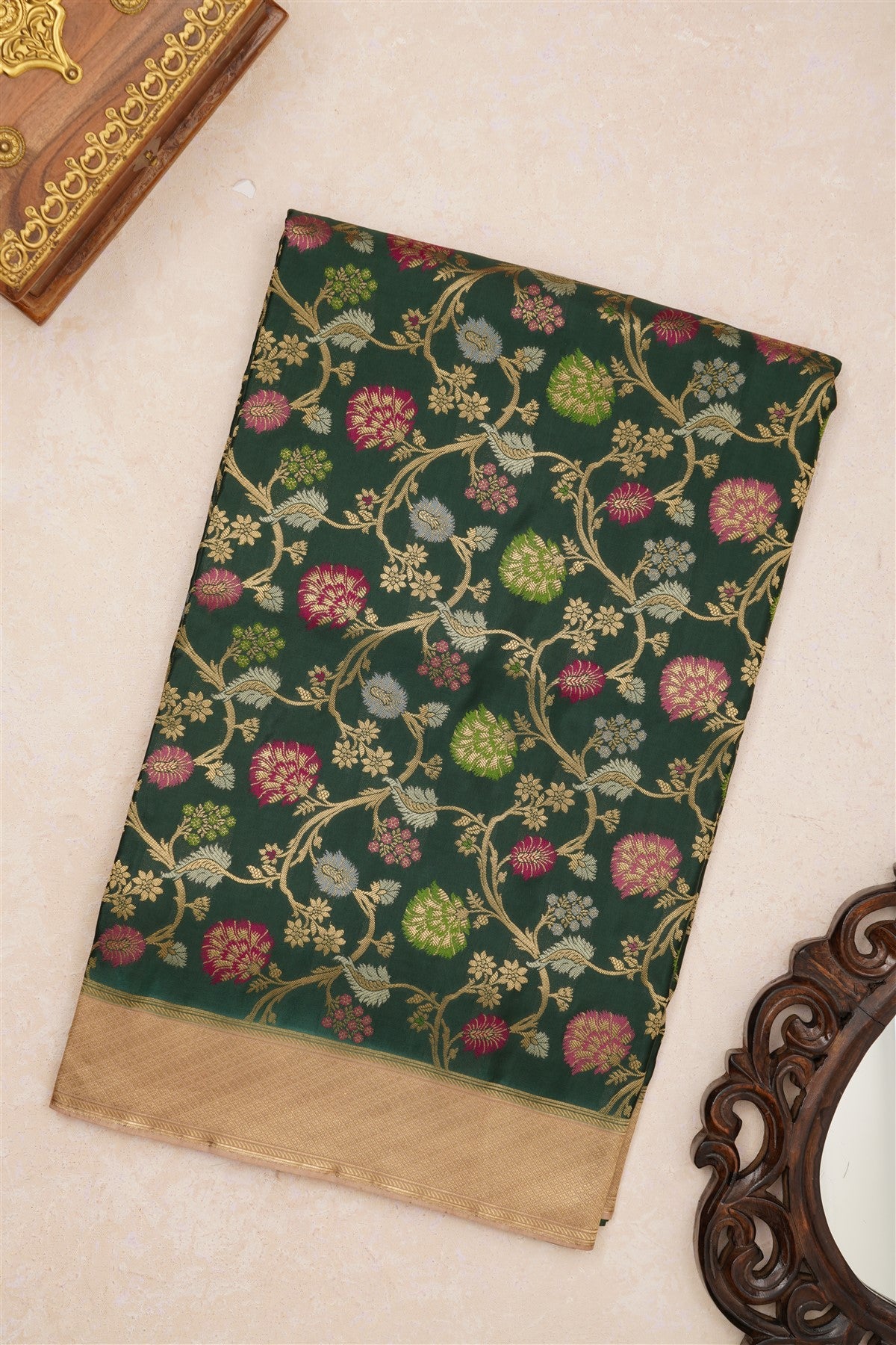 Banarasi Viscose Satin Dark Green Saree