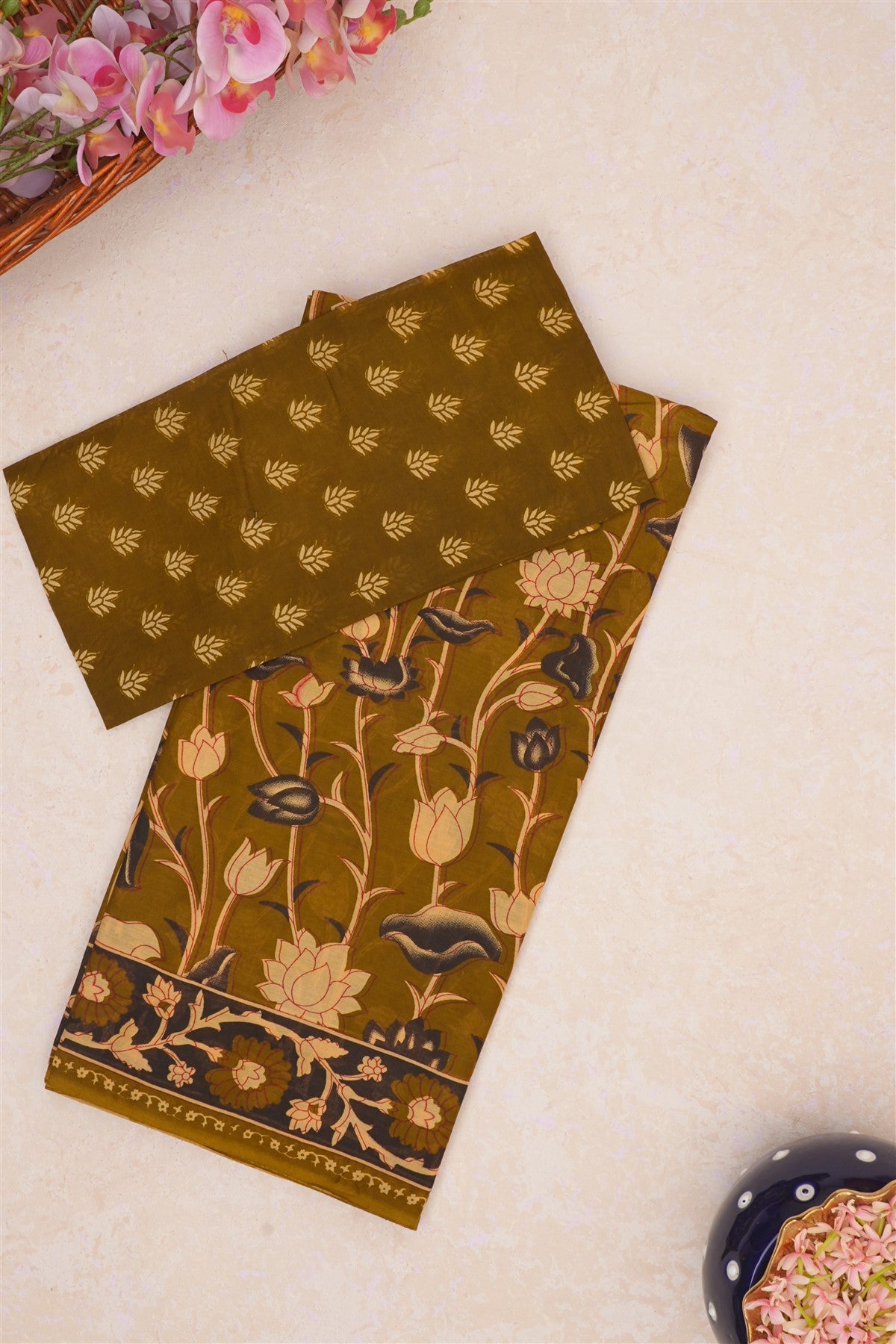 Cotton Mehandi Green Saree