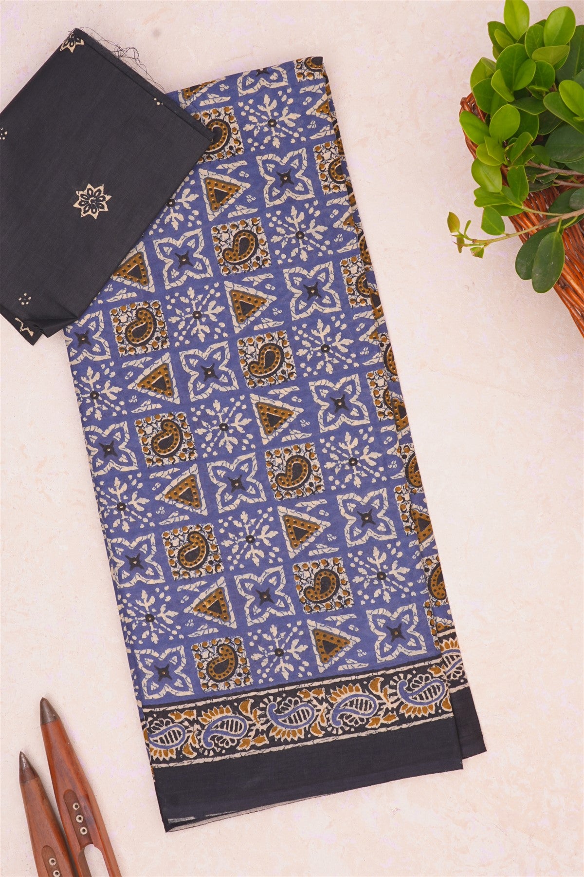 Cotton Ajrakh Print Navy Blue Saree