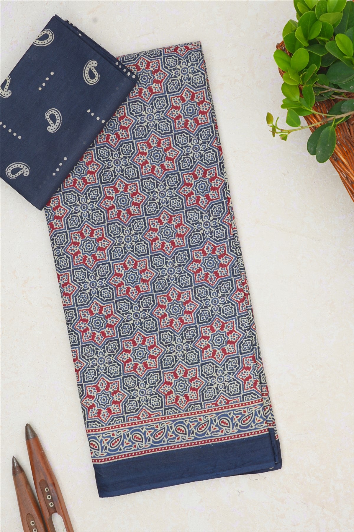 Cotton Navy Blue Ajrakh Print Saree