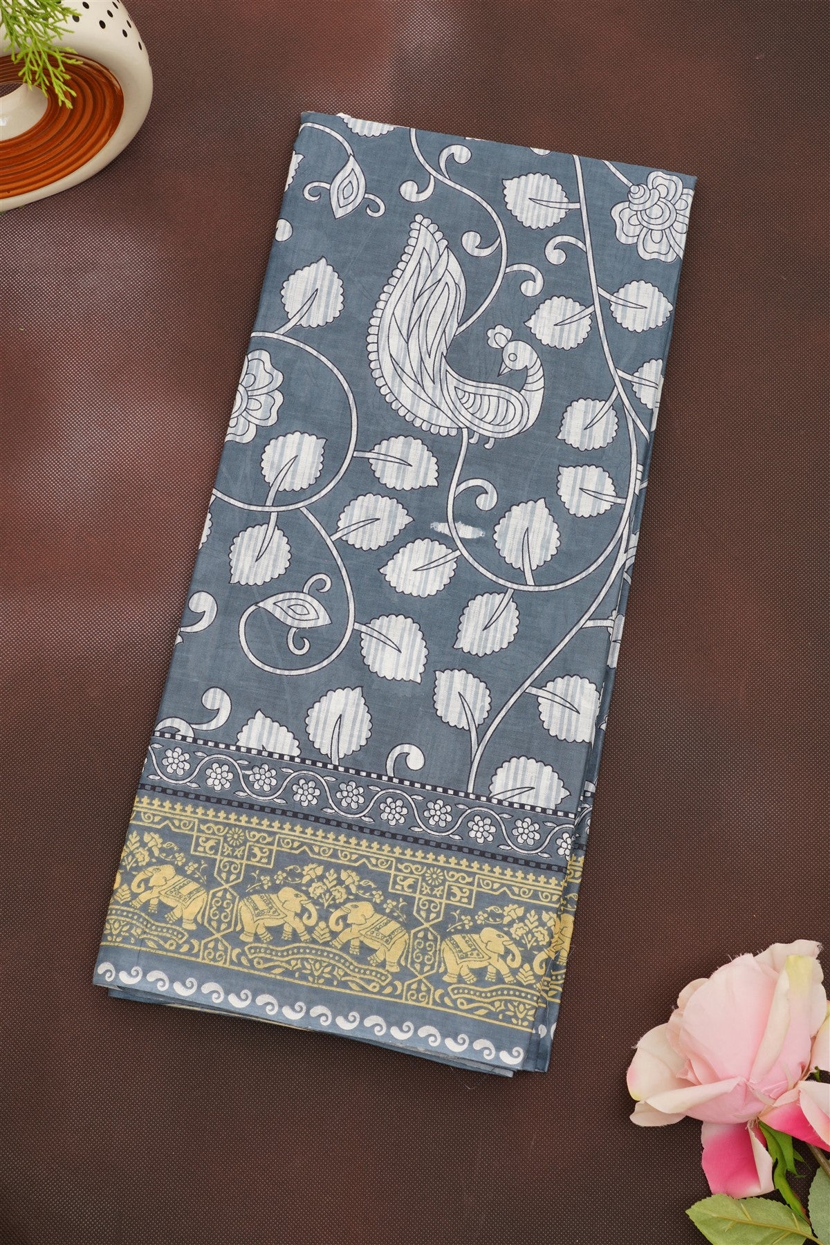Fancy Cotton Kalamkari Print Grey Saree