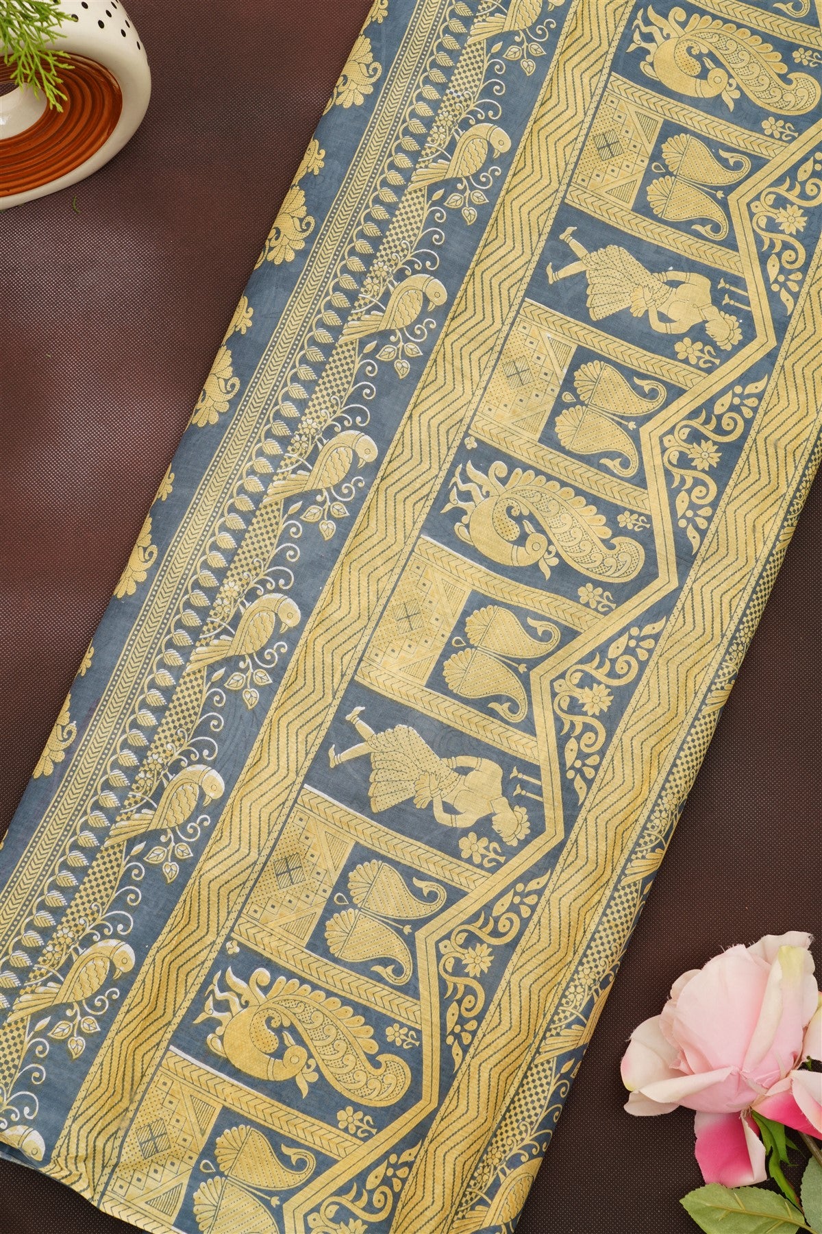Fancy Cotton Kalamkari Print Grey Saree