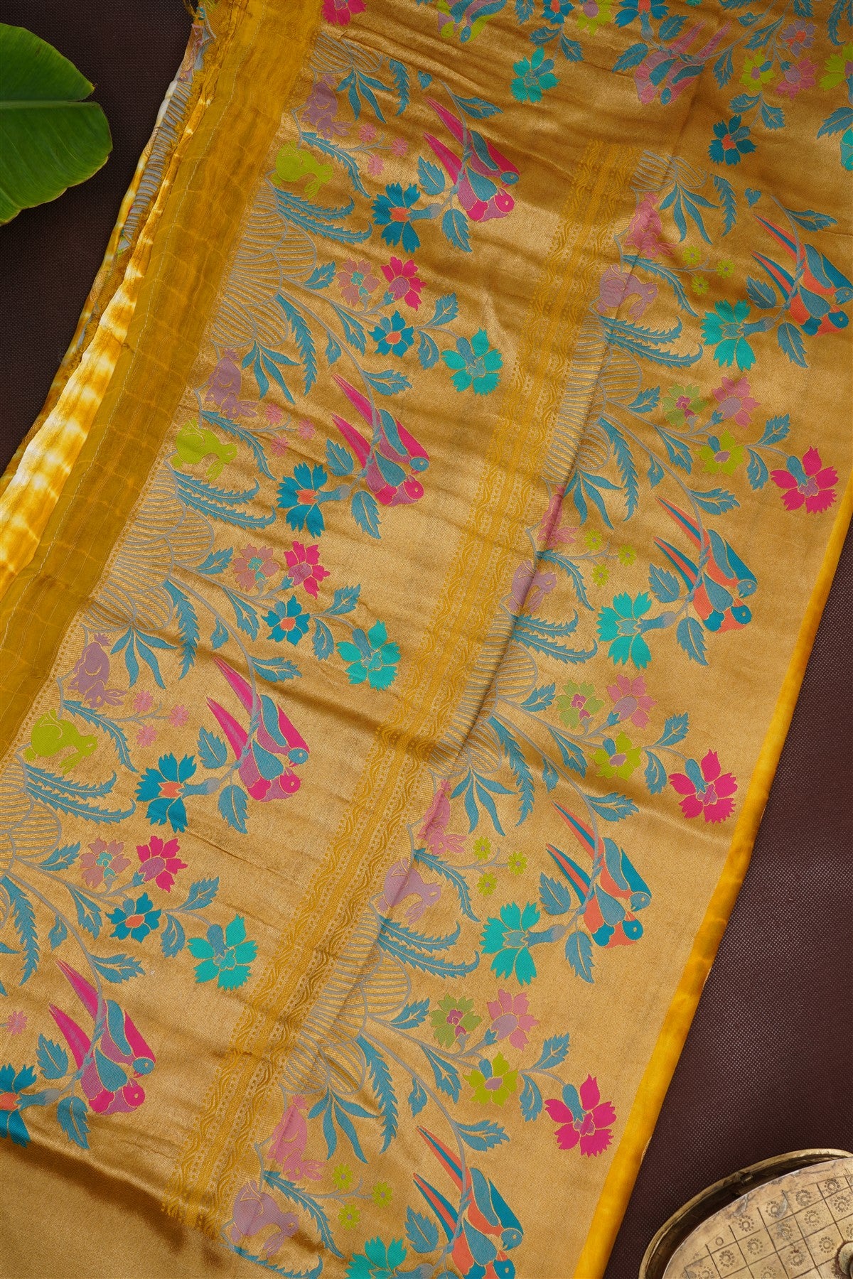 Banarasi Mashru Yellow Shibori Print Saree