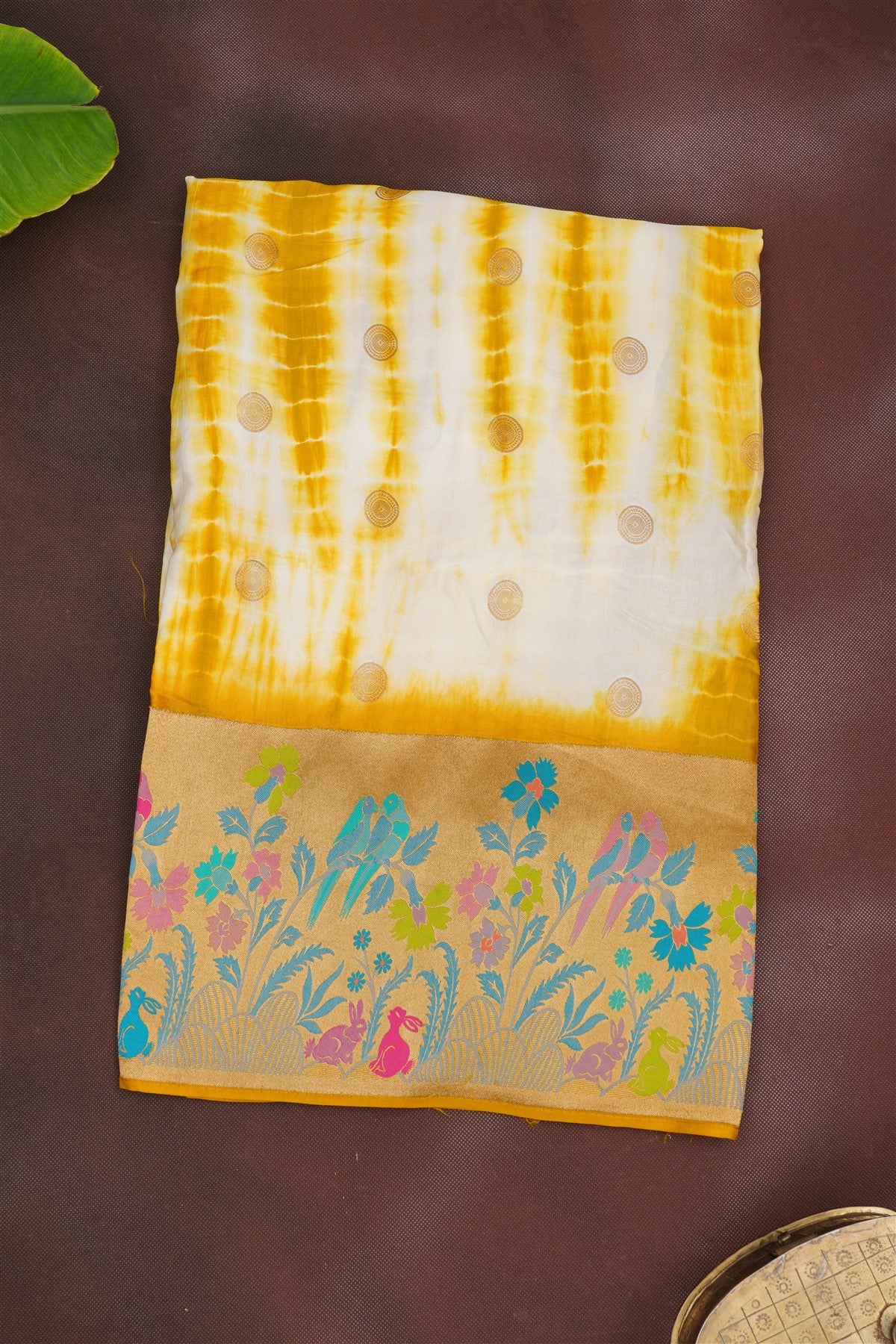 Banarasi Mashru Yellow Shibori Print Saree