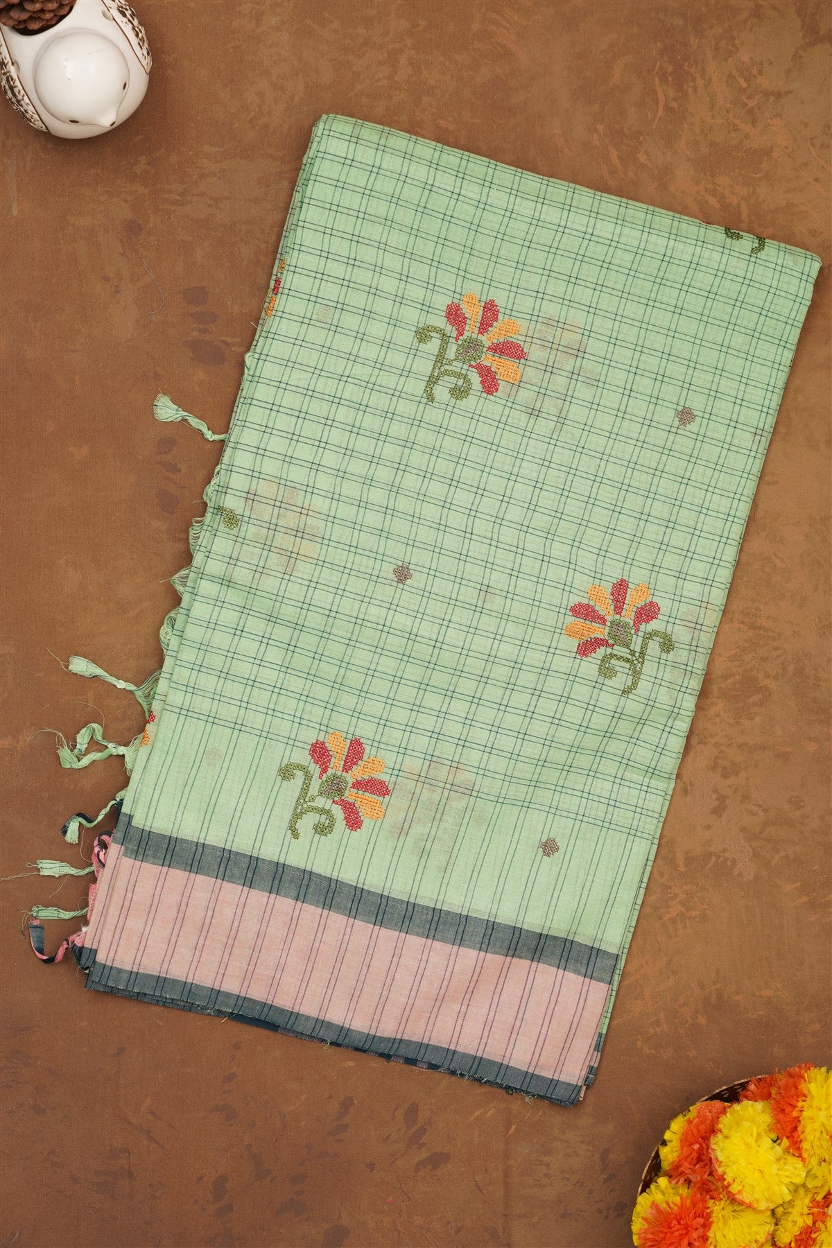 Handloom Cotton Green Saree