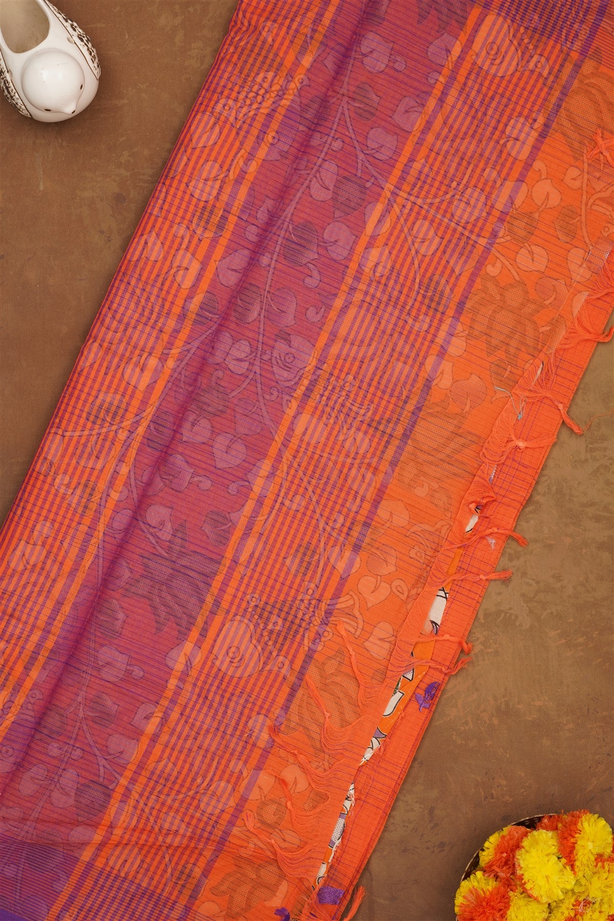 Handloom Cotton Orange Saree