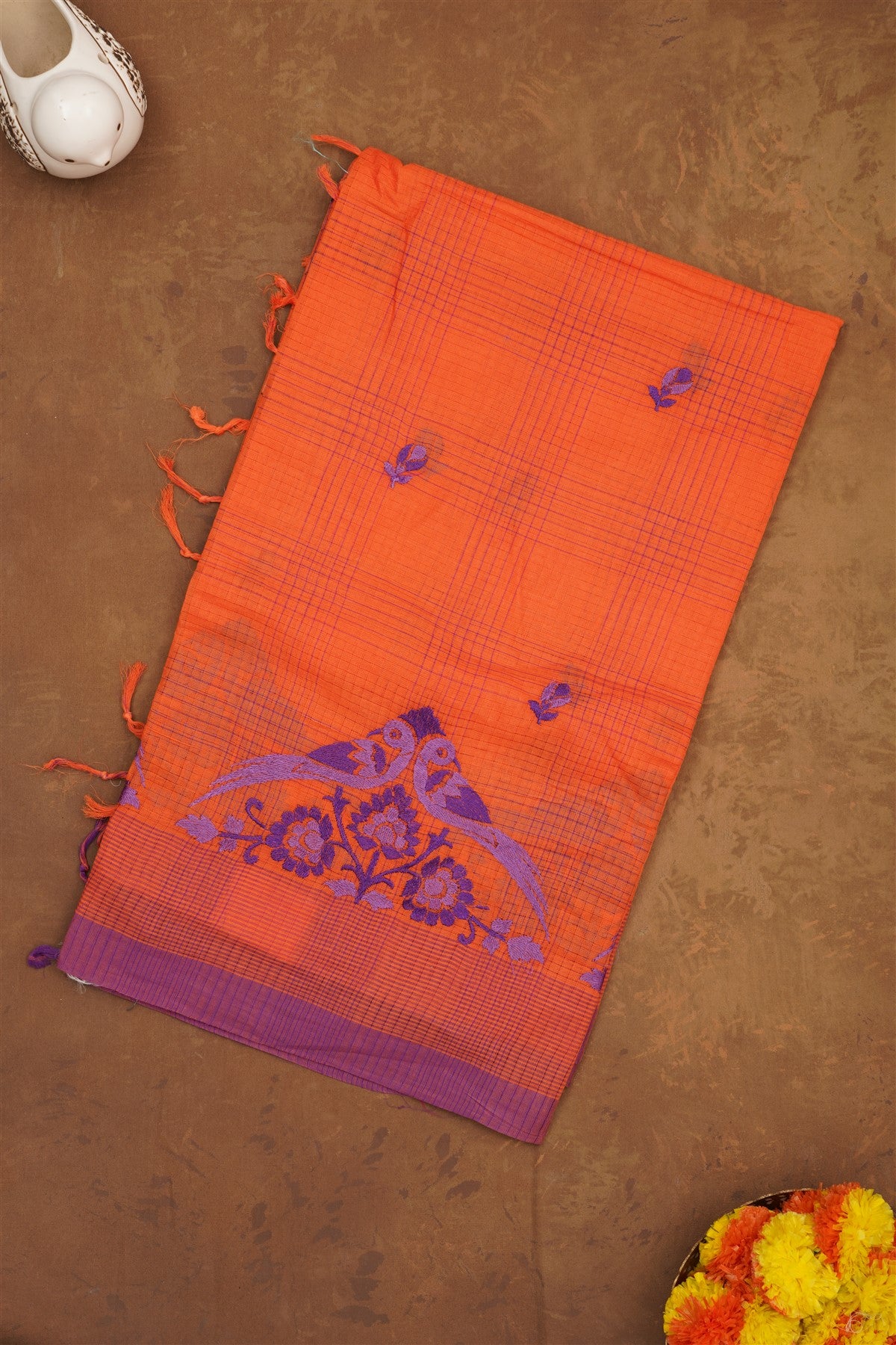 Handloom Cotton Orange Saree