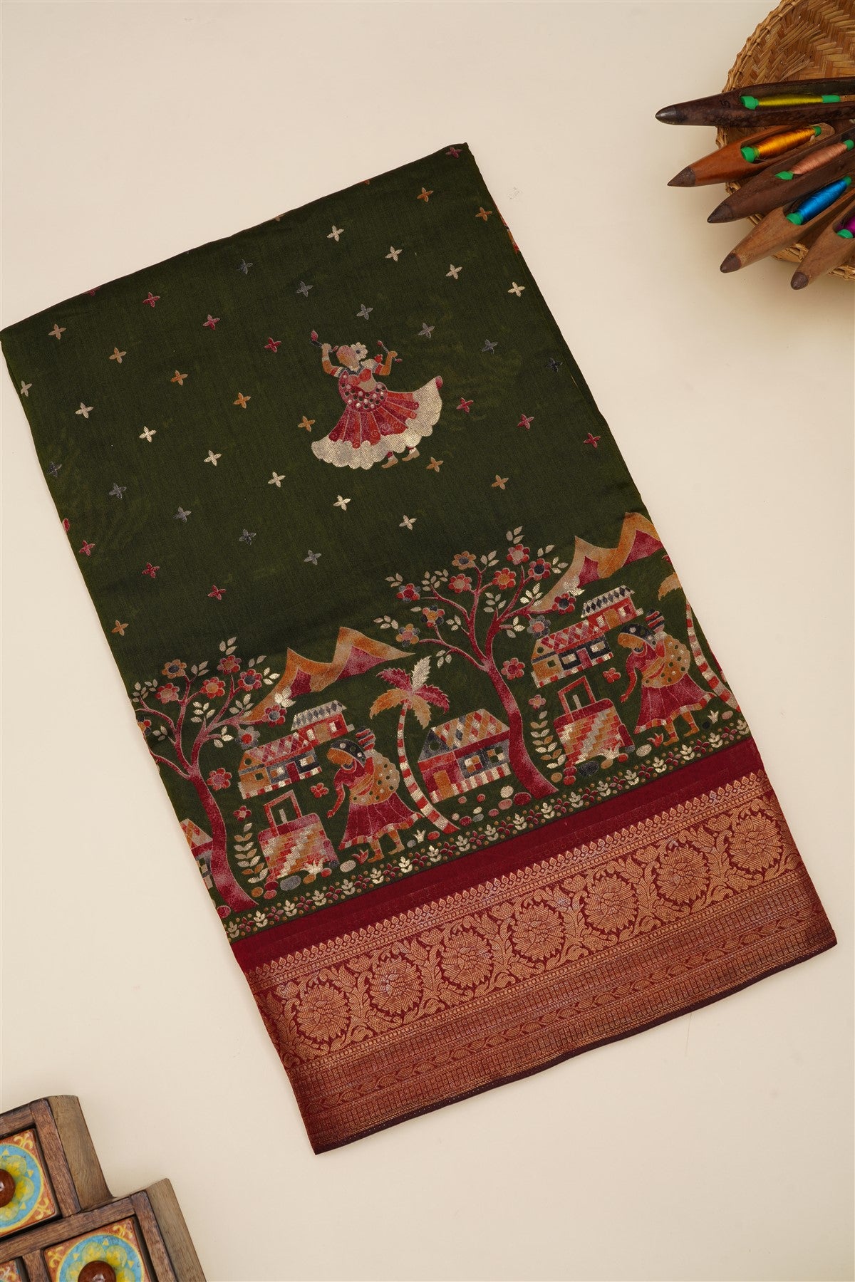 Fancy Silk Dark Olive Green Saree
