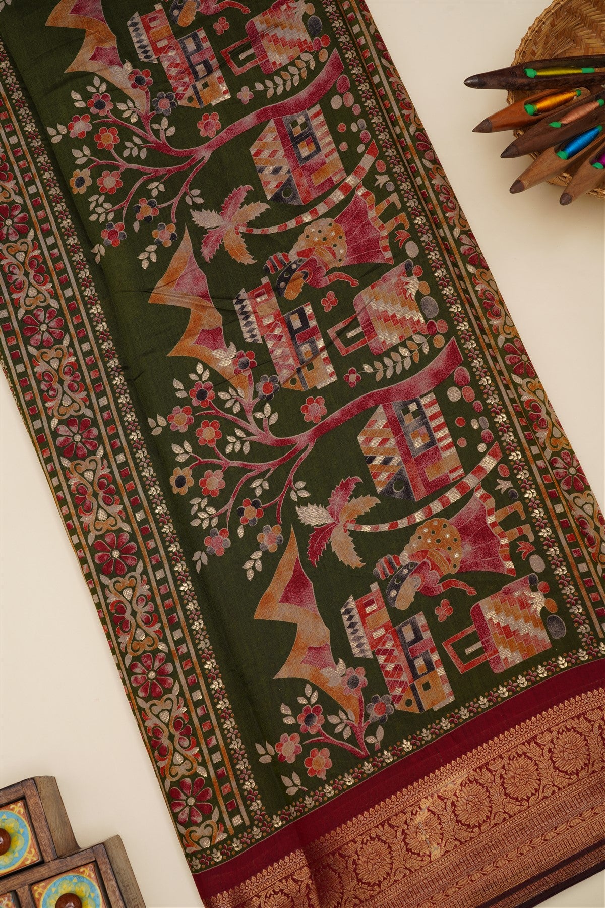 Fancy Silk Dark Olive Green Saree