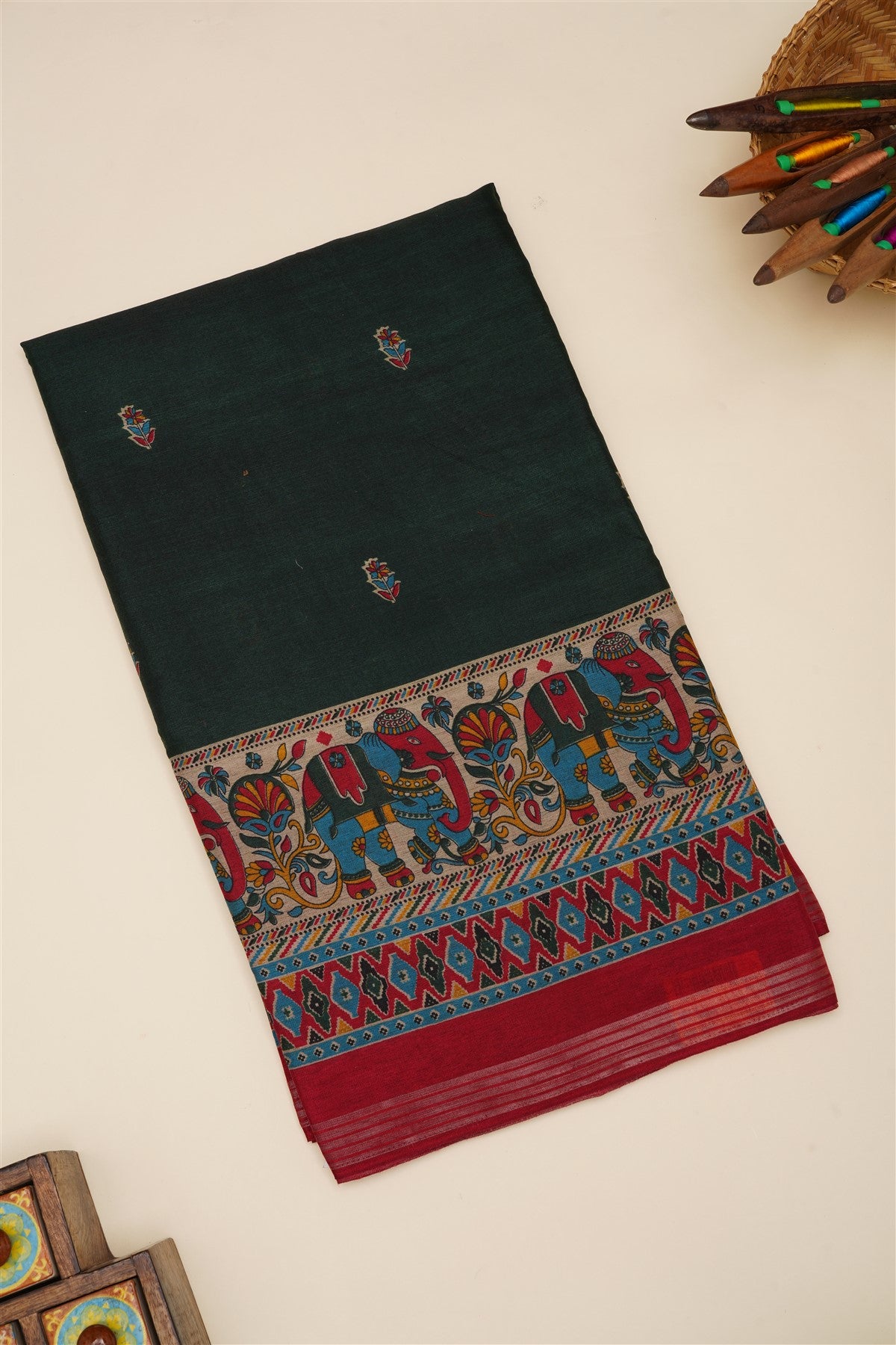 Fancy Silk Blend Dark Green Saree
