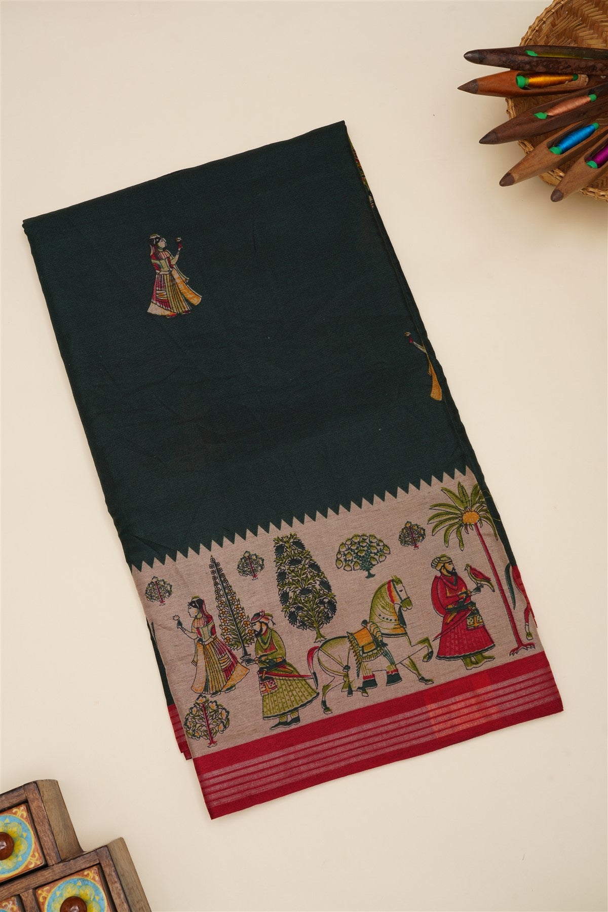 Fancy Silk Blend Dark Green Saree