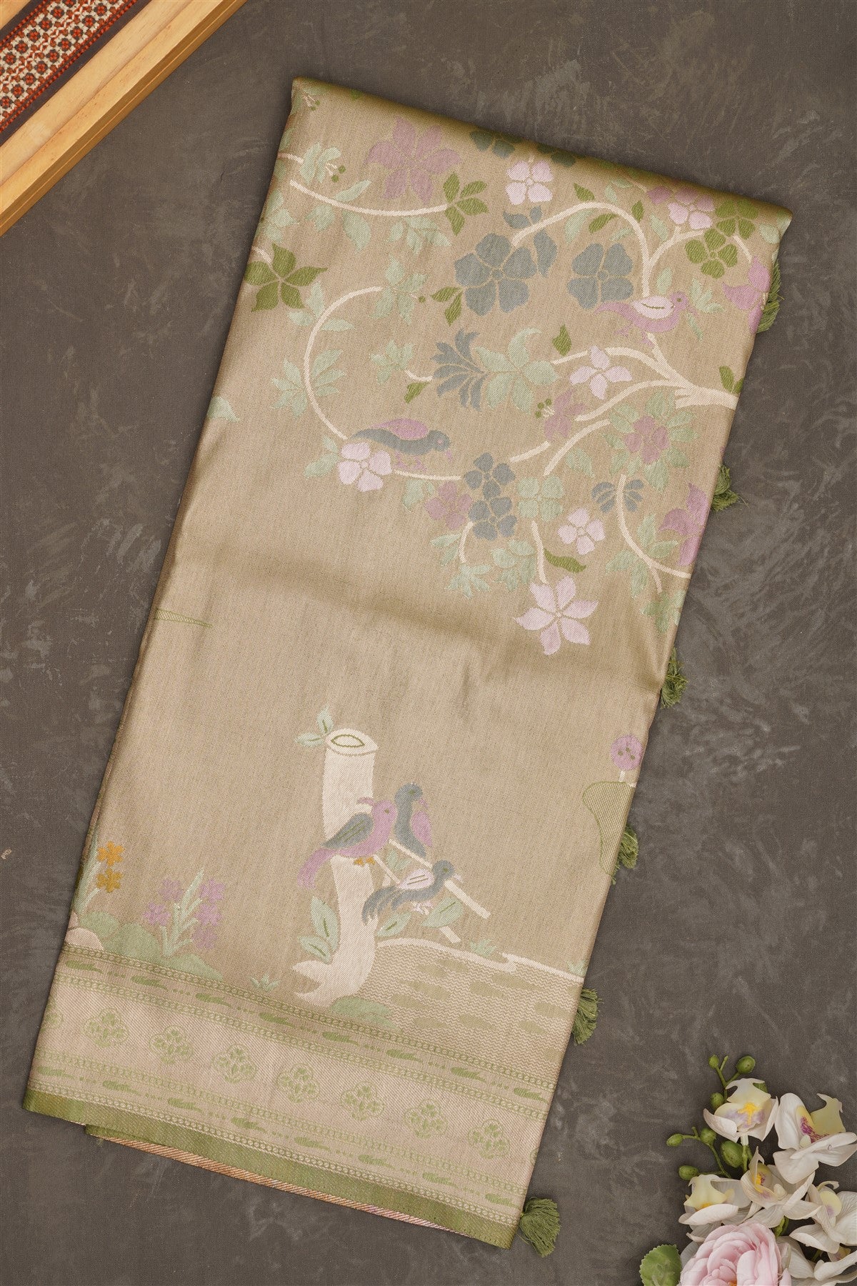 Banarasi Tissue Silk Olive Green Saree