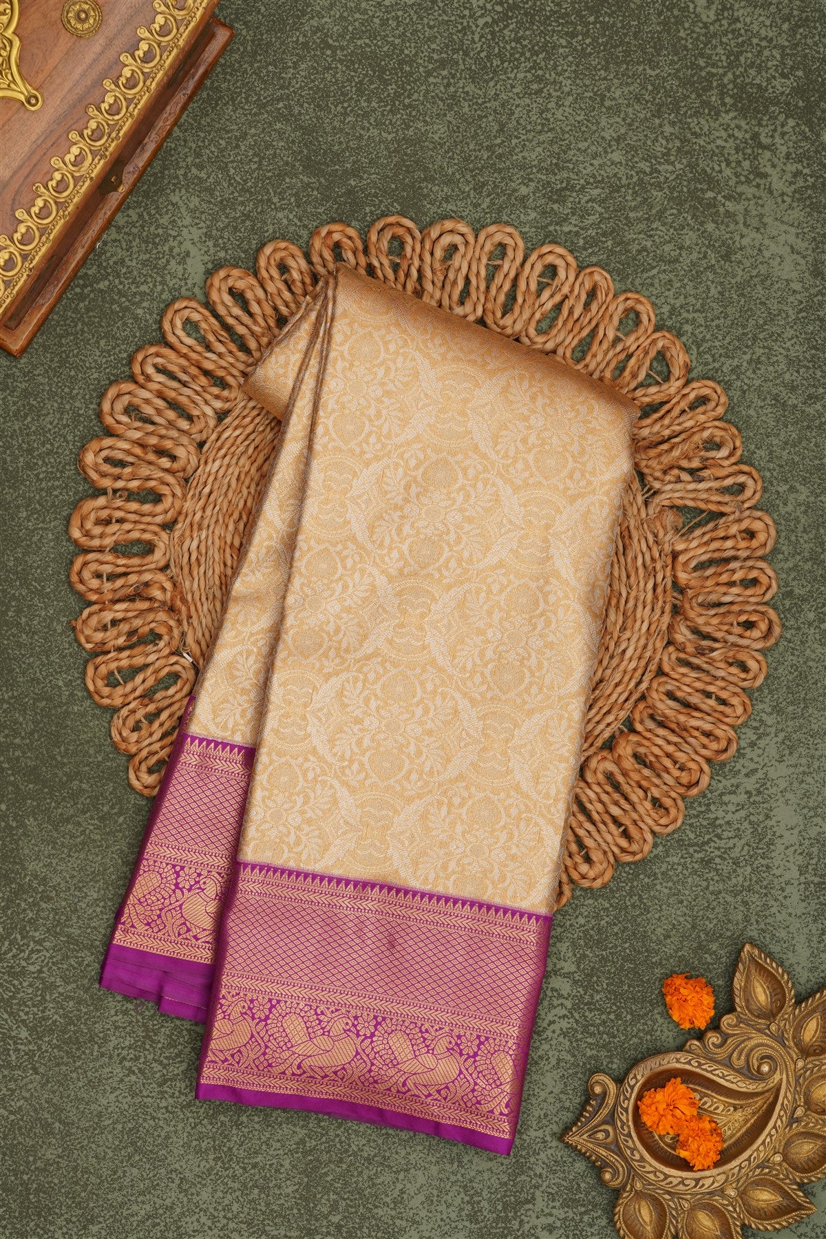 Semi Pattu Silk Blend Light Gold Saree