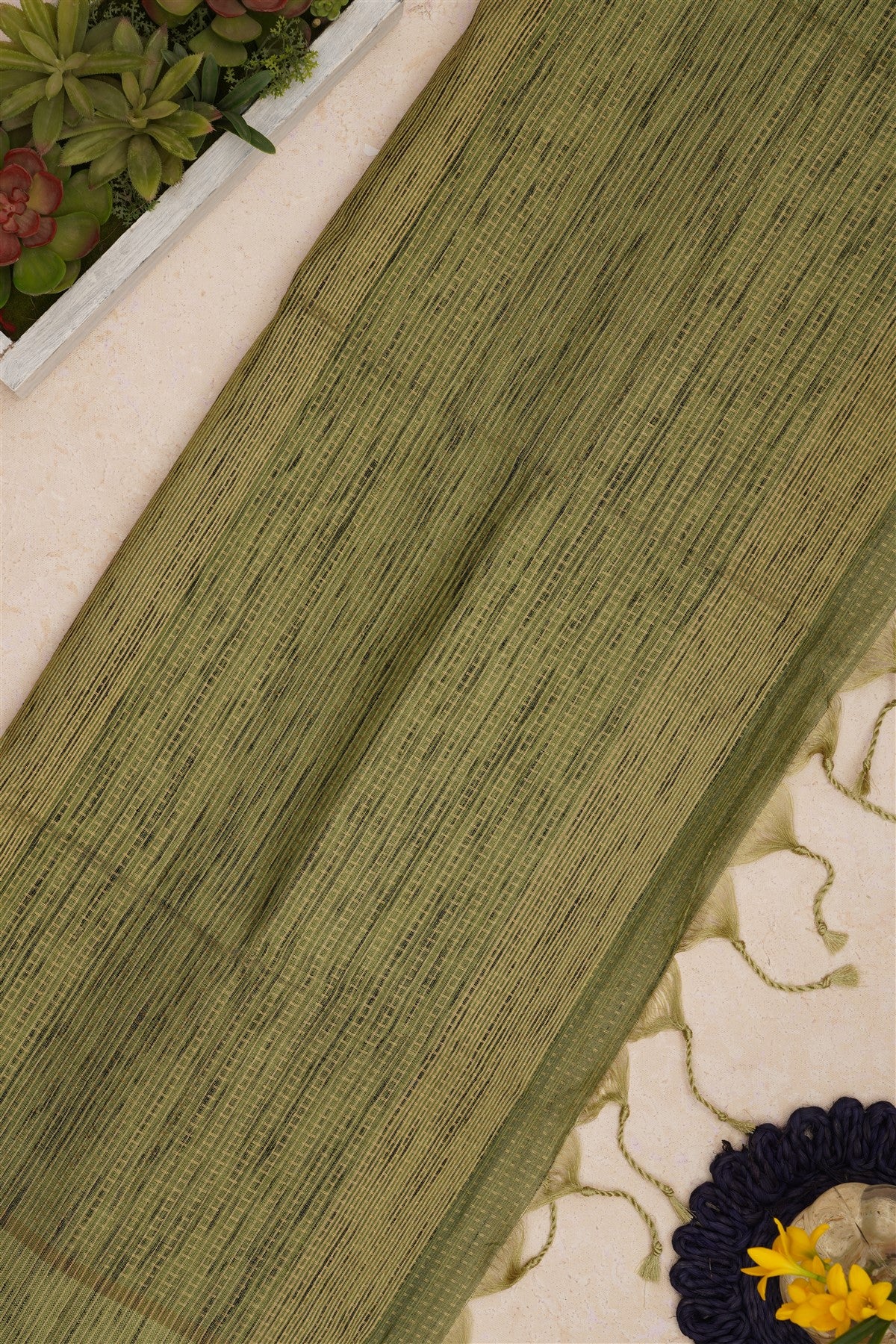 Bhagalpur Tussar Silk Mehendi Green Saree