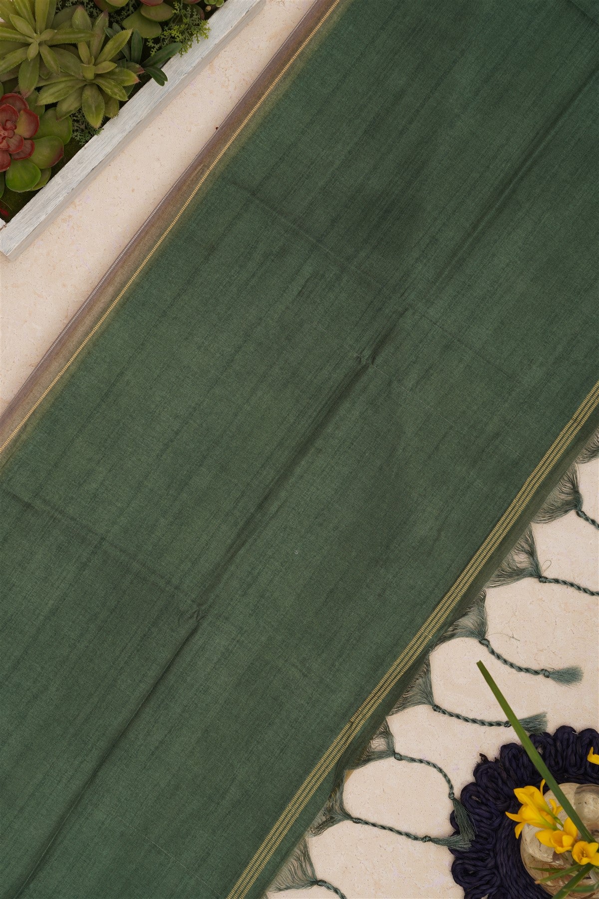 Bhagalpur Tussar Silk Dark Green Saree
