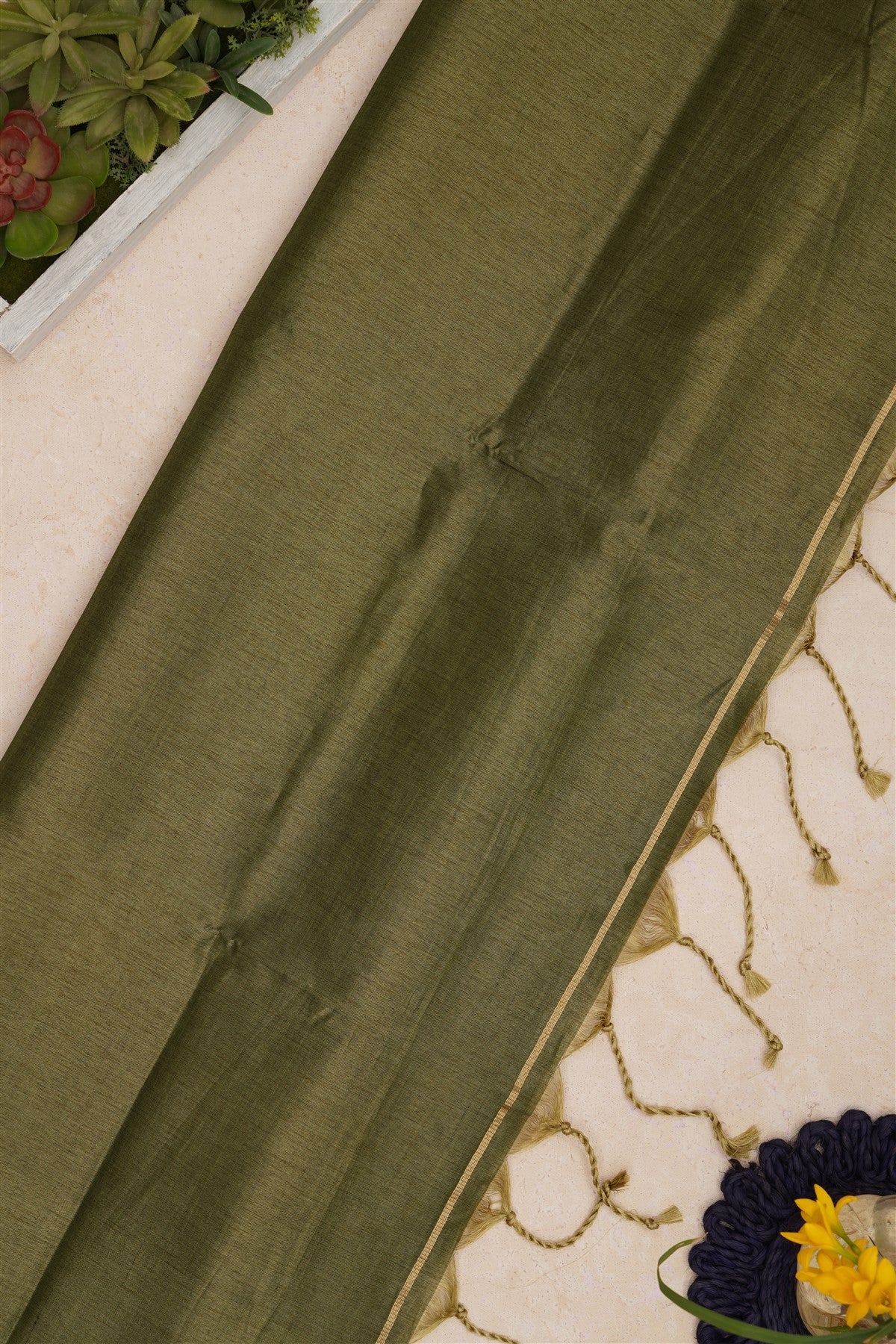 Bhagalpur Tussar Silk Mehendi Green Saree