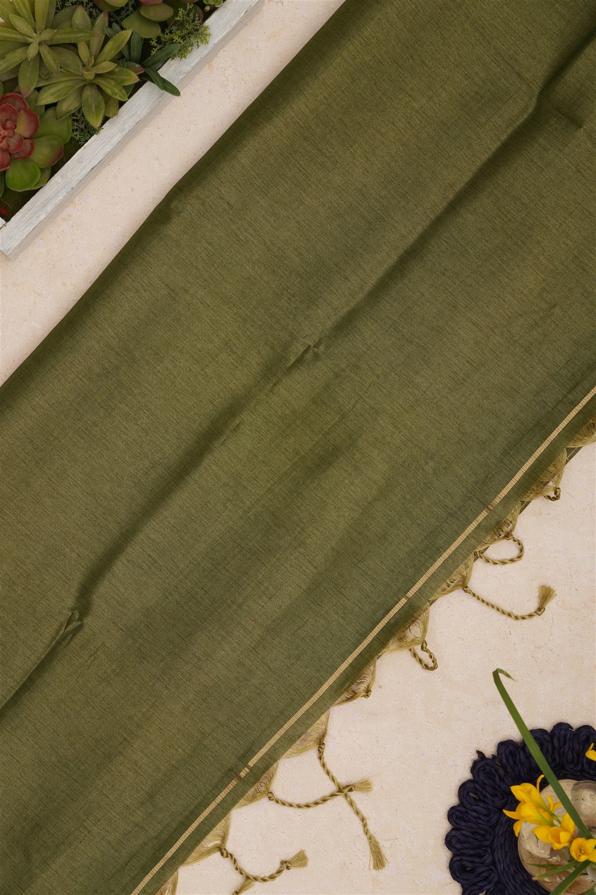 Bhagalpur Tussar Silk Mehendi Green Saree