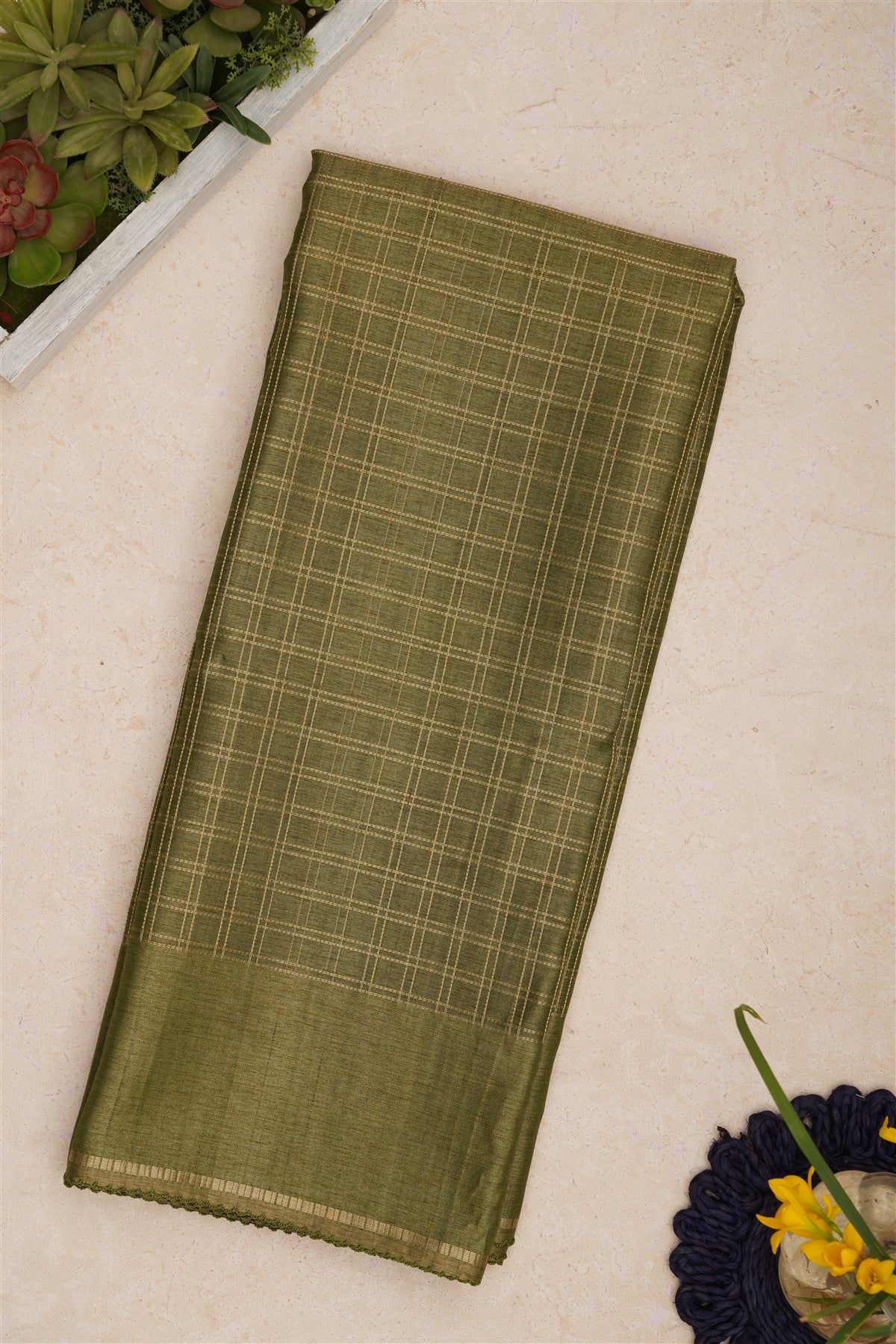 Bhagalpur Tussar Silk Mehendi Green Saree