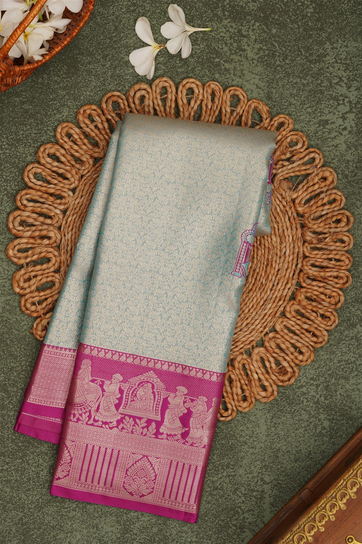 Semi Pattu Silk Blend Sea Blue Saree