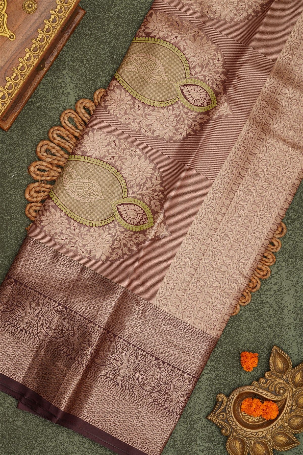 Semi Pattu Silk Blend Light Olive Green Saree