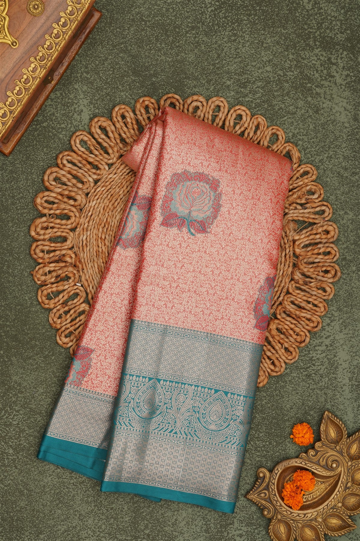 Semi Pattu Silk Blend Peach Saree
