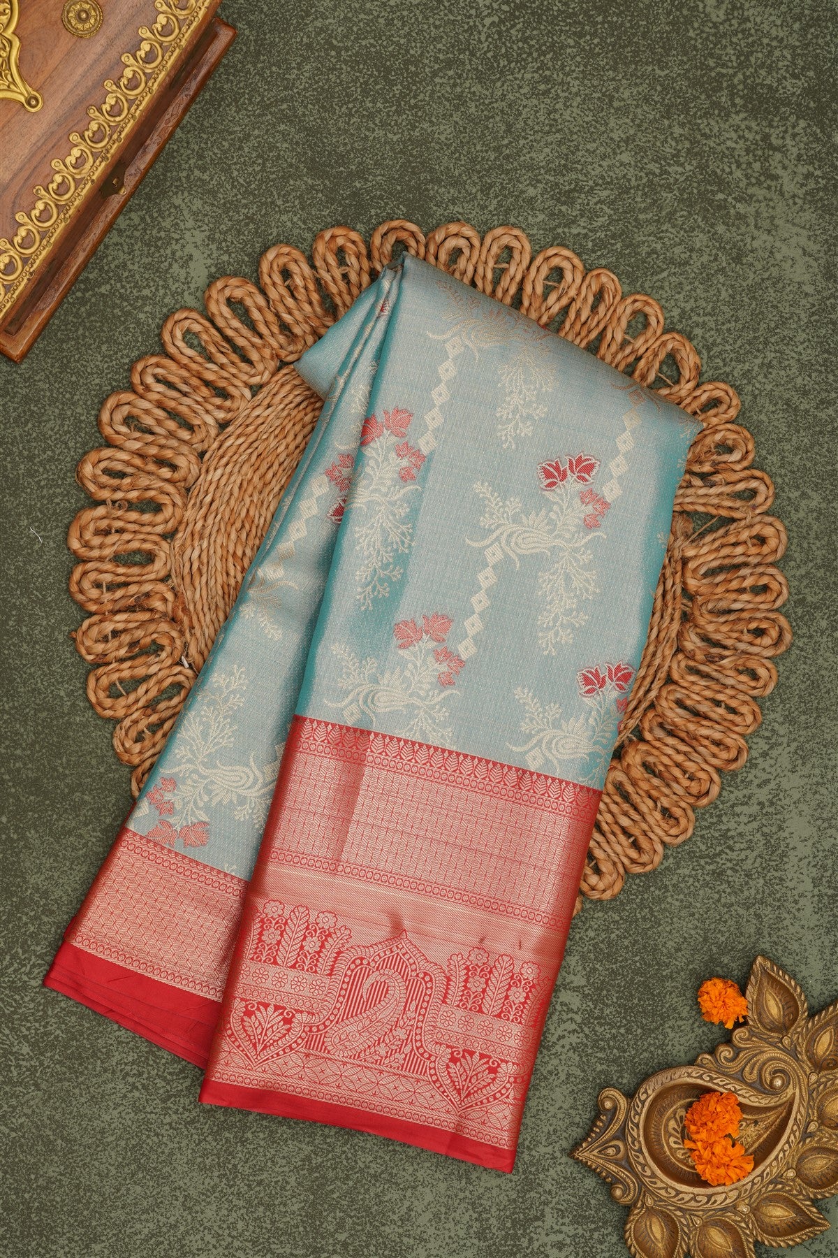 Semi Pattu Silk Blend Sea Blue Saree