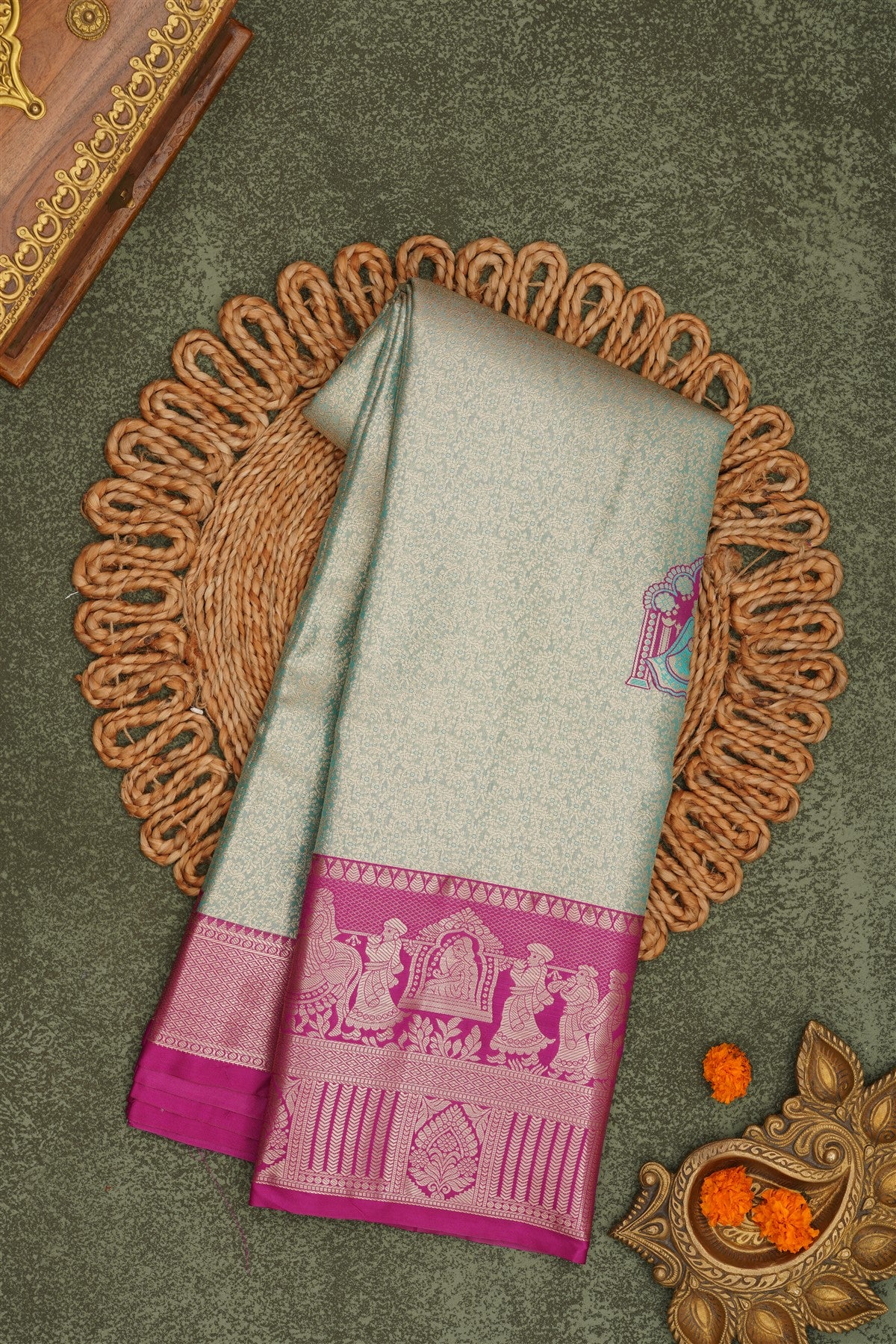 Semi Pattu Silk Blend Sea Green Saree