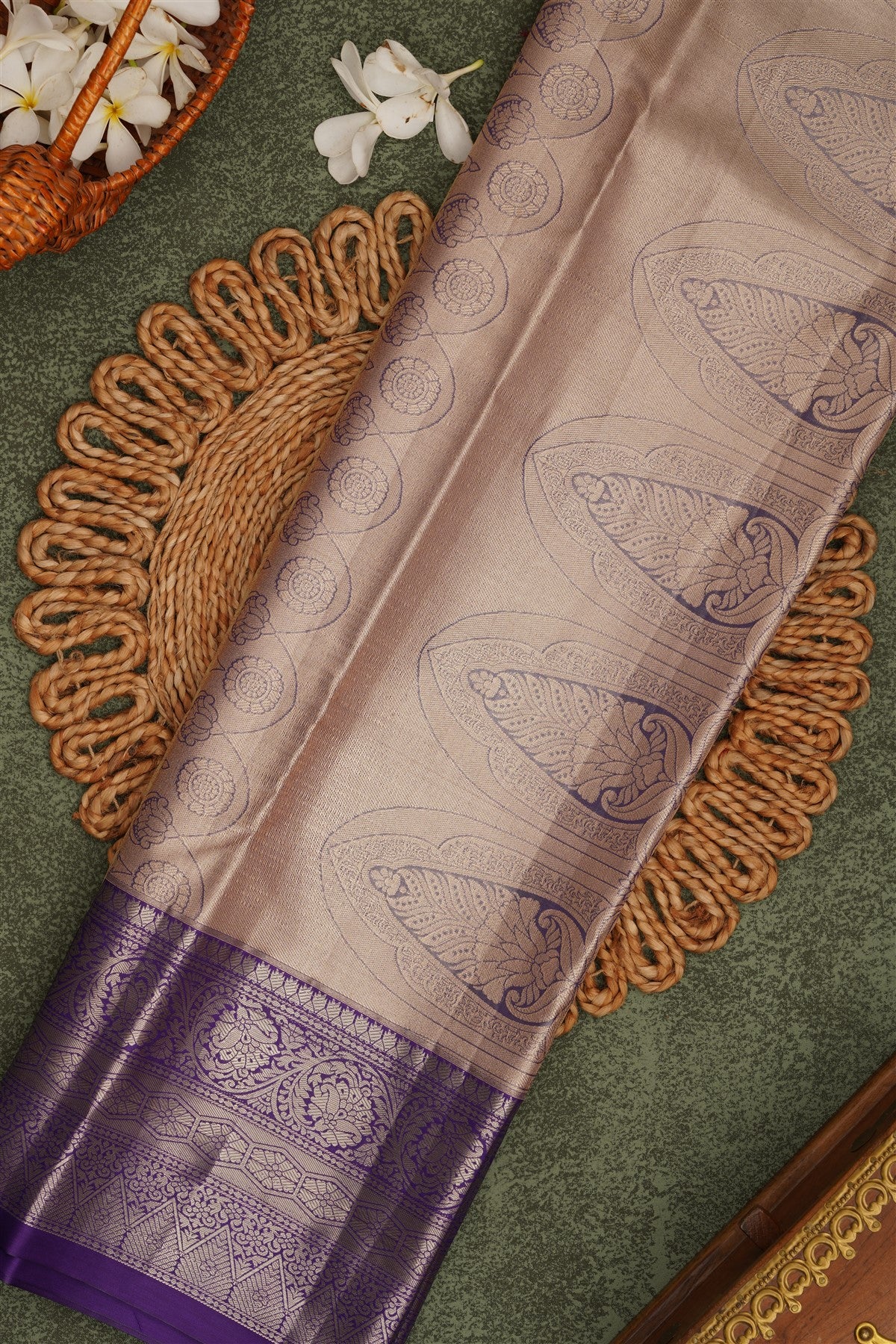 Semi Pattu Silk Blend Cream Saree