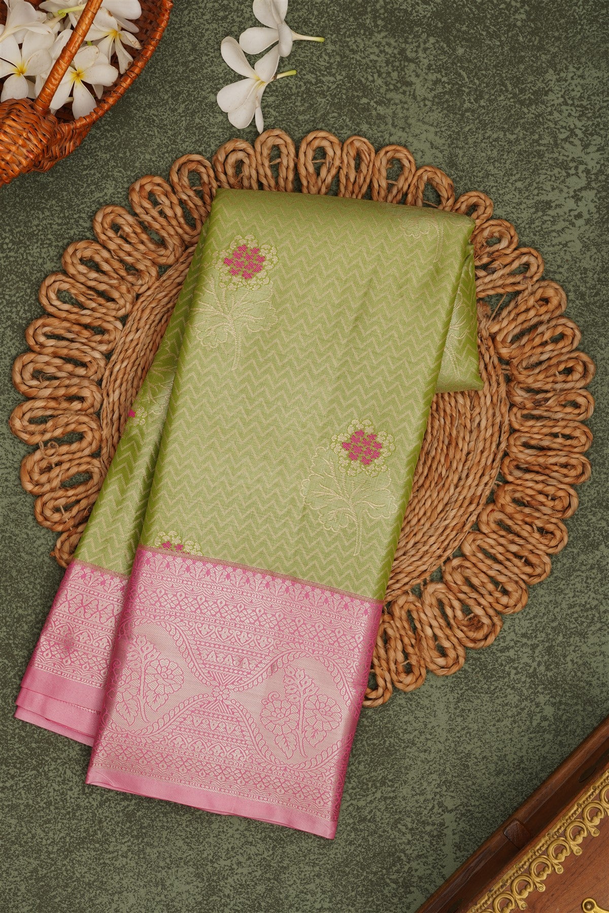 Semi Pattu Silk Blend Parrot Green Saree