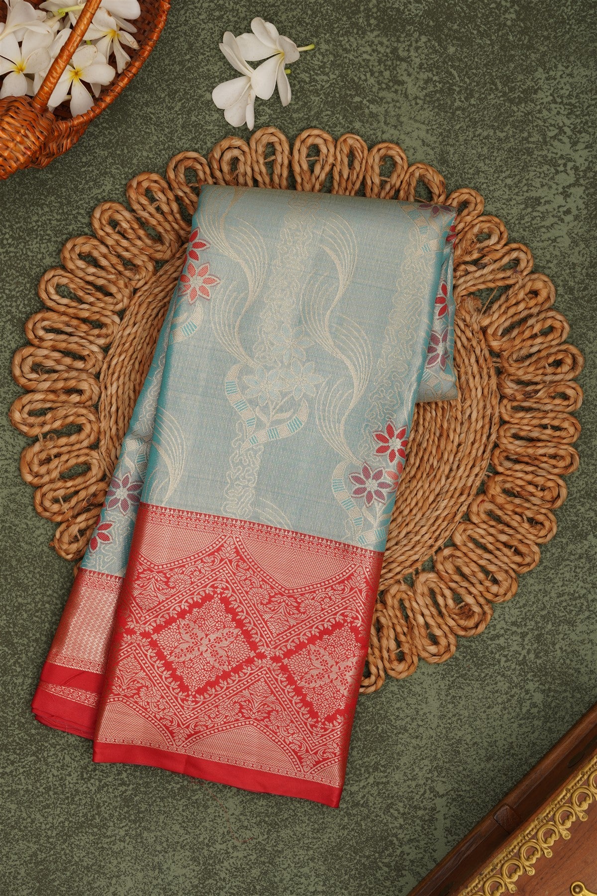 Semi Pattu Silk Blend Sea Blue Saree