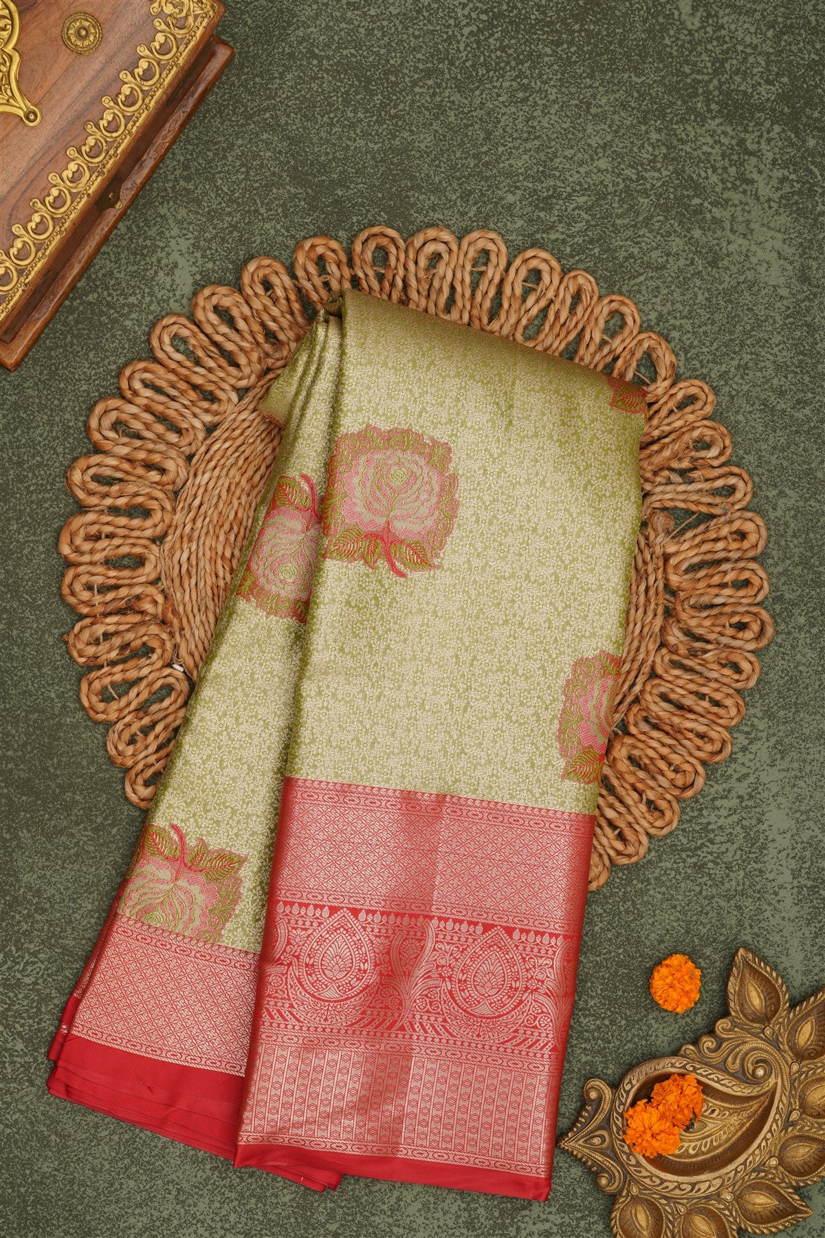 Semi Pattu Silk Blend Light Olive Green Saree