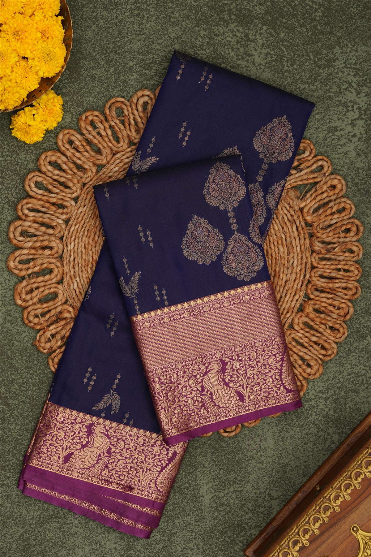 Semi Pattu Silk Blend Dark Blue Saree