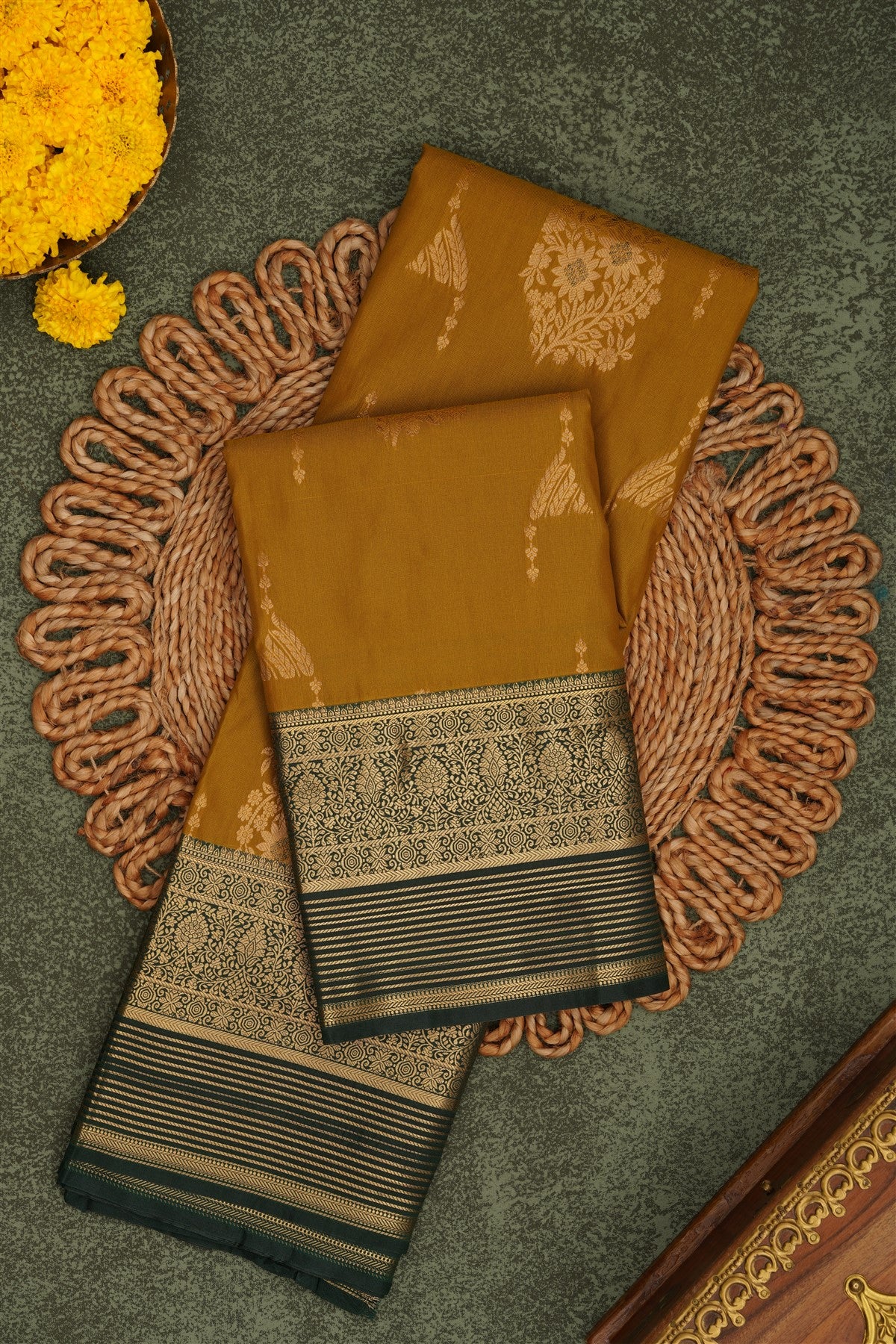 Semi Pattu Silk Blend Light Olive Green Saree
