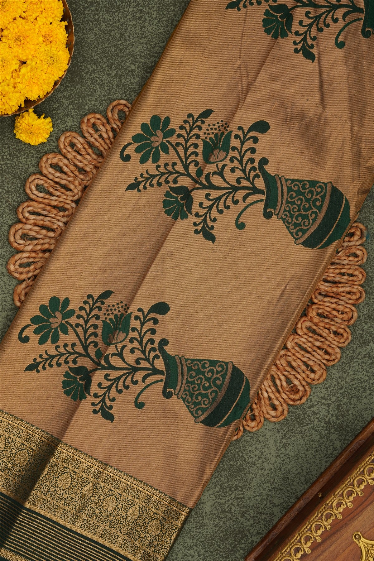 Semi Pattu Silk Blend Light Olive Green Saree
