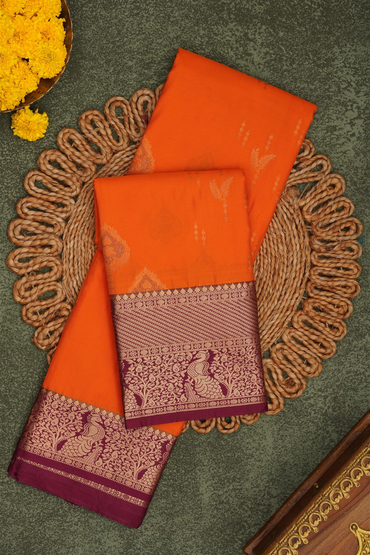 Semi Pattu Silk Blend Orange Saree