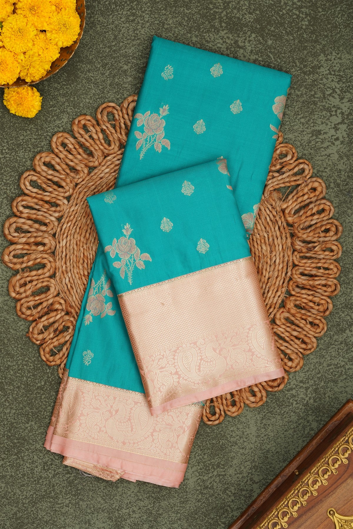 Semi Pattu Silk Blend Sea Green Saree
