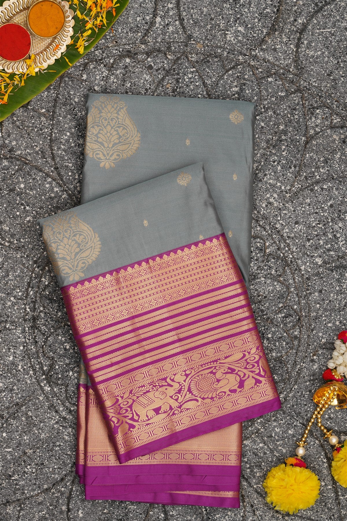 Semi Kanchipuram Silk Grey Saree