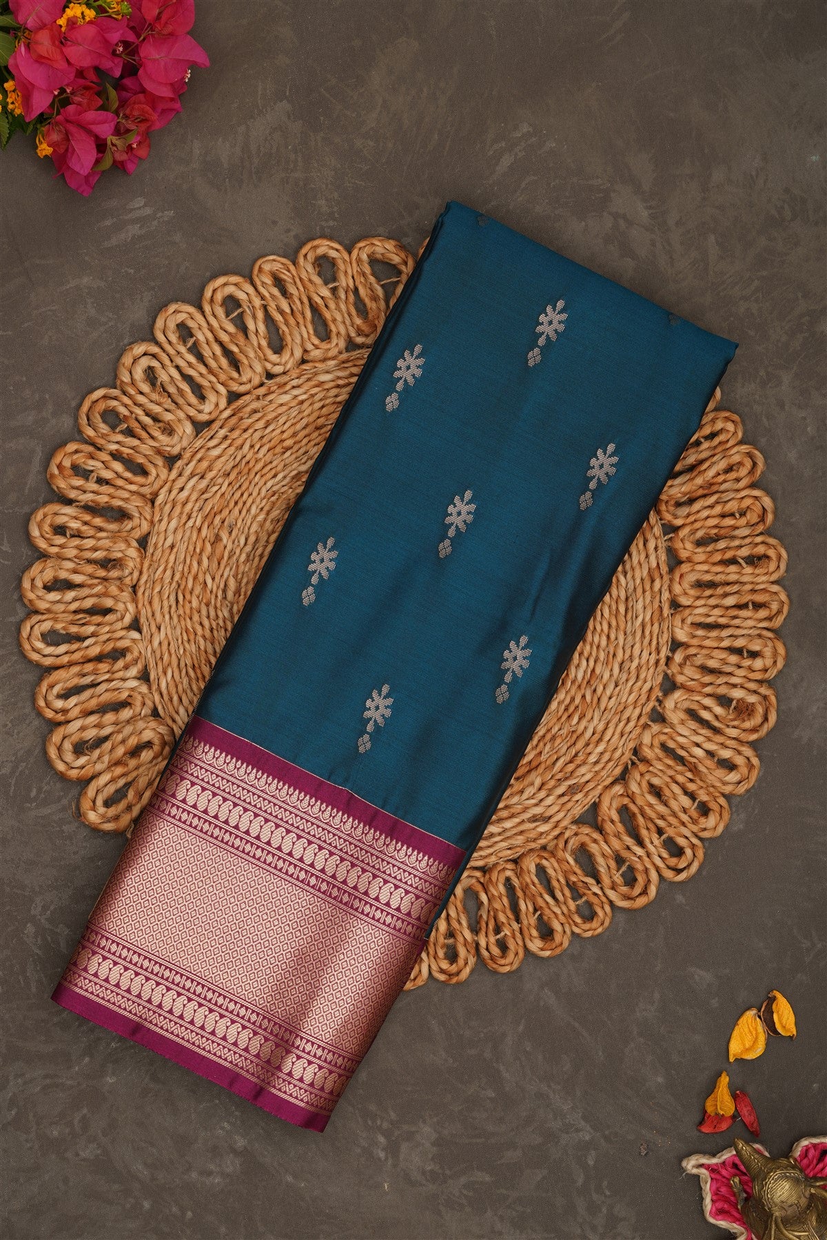 Semi Pattu Silk Blend Peacock Blue Saree