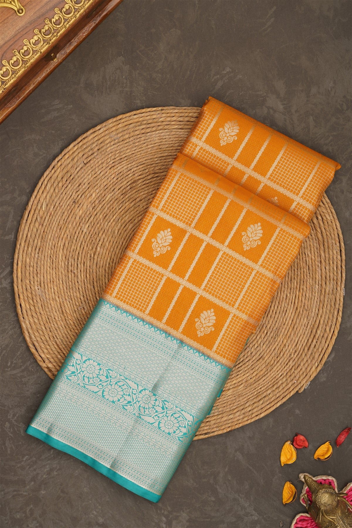 Semi Kanchipuram Silk Mustard Yellow Saree