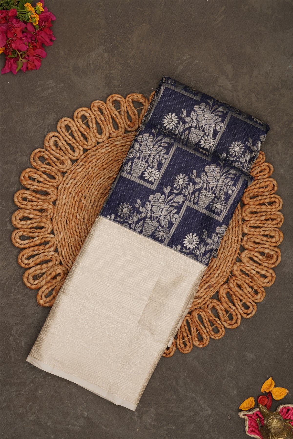 Semi Kanchipuram Silk Navy Blue Saree