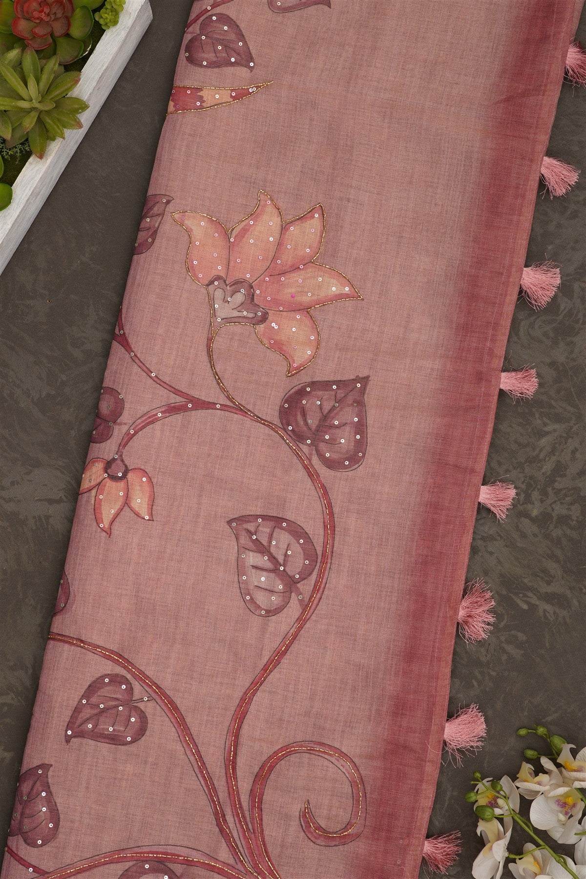 Fancy Tissue Linen Dusty Pink Saree