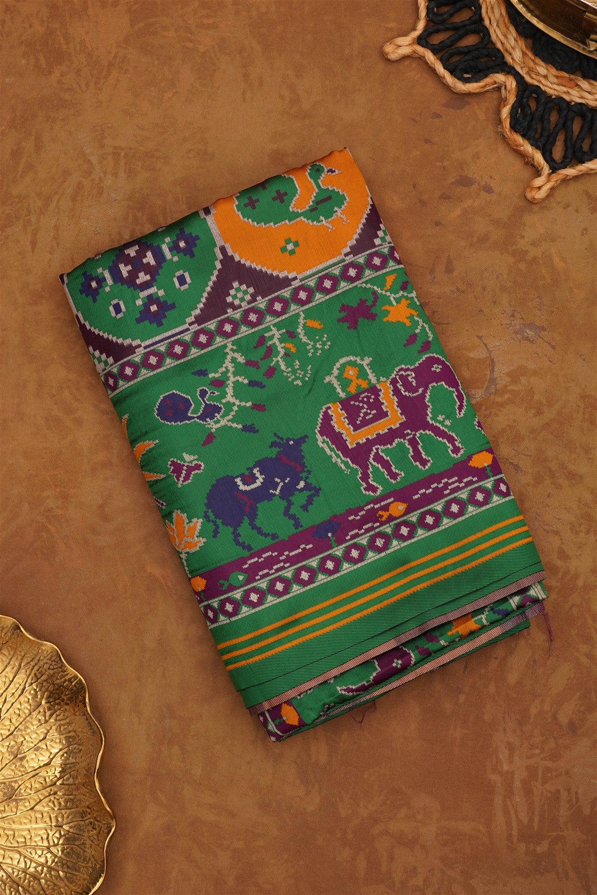 Ikat Silk Blend Green Saree