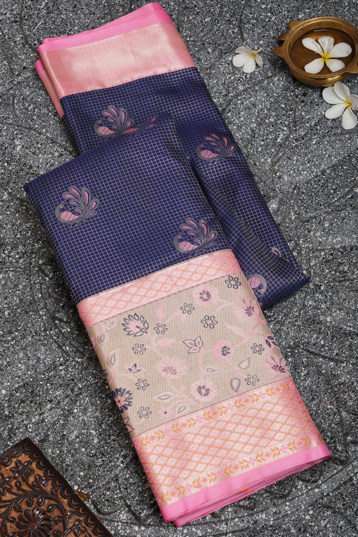 Semi Kanchipuram Silk Navy Blue Saree