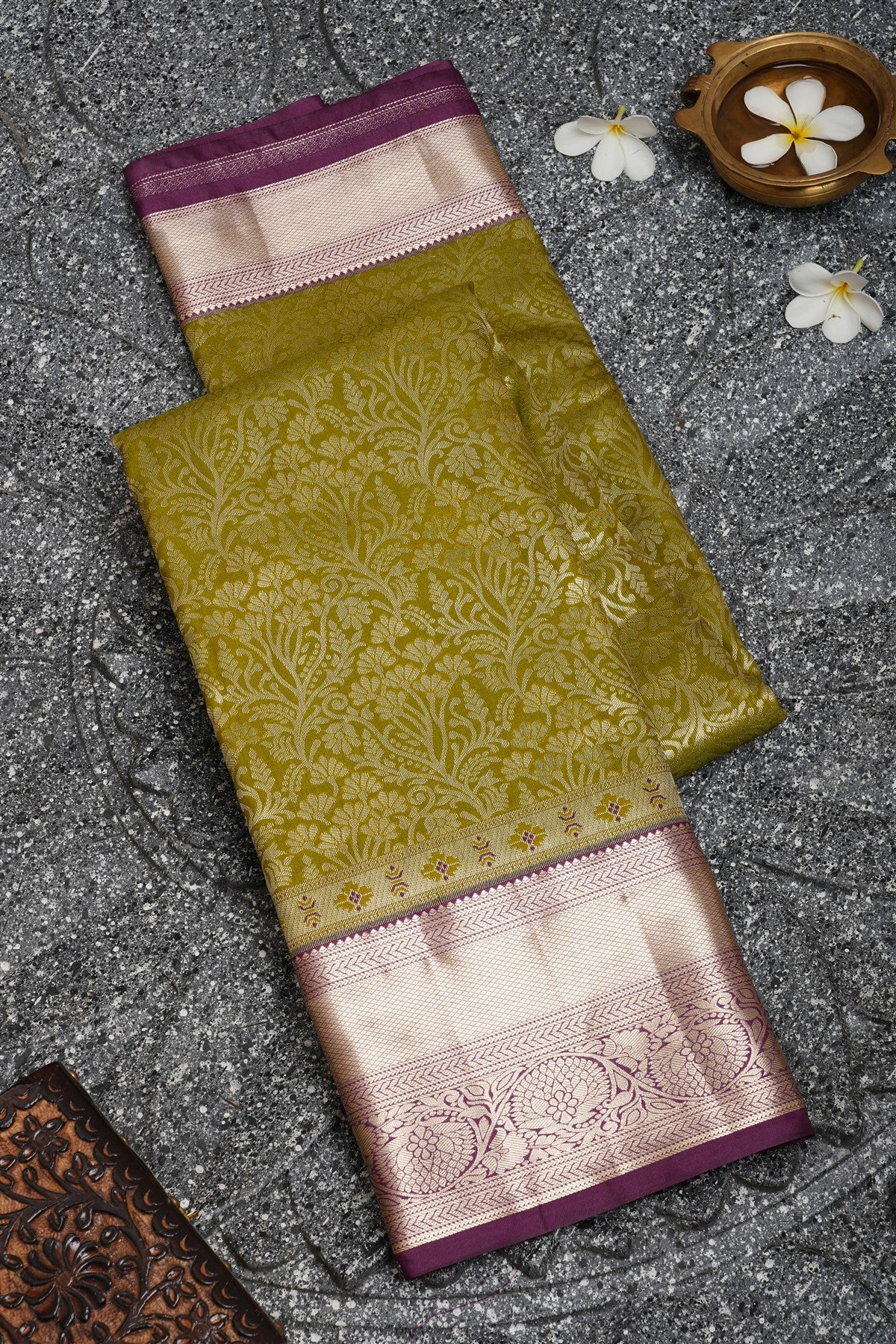 Semi Kanchipuram Silk Olive Green Saree