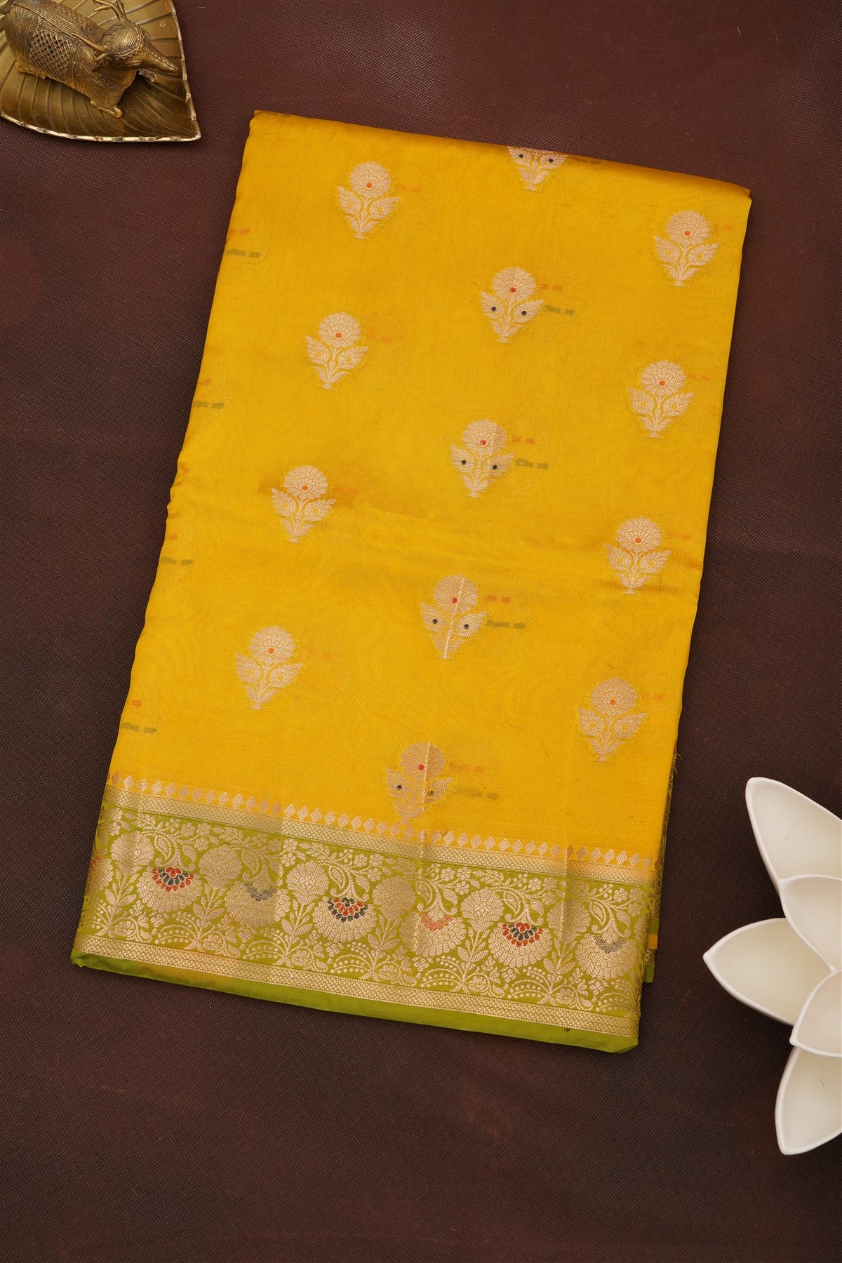 Banarasi Green Mango Silk Yellow Saree