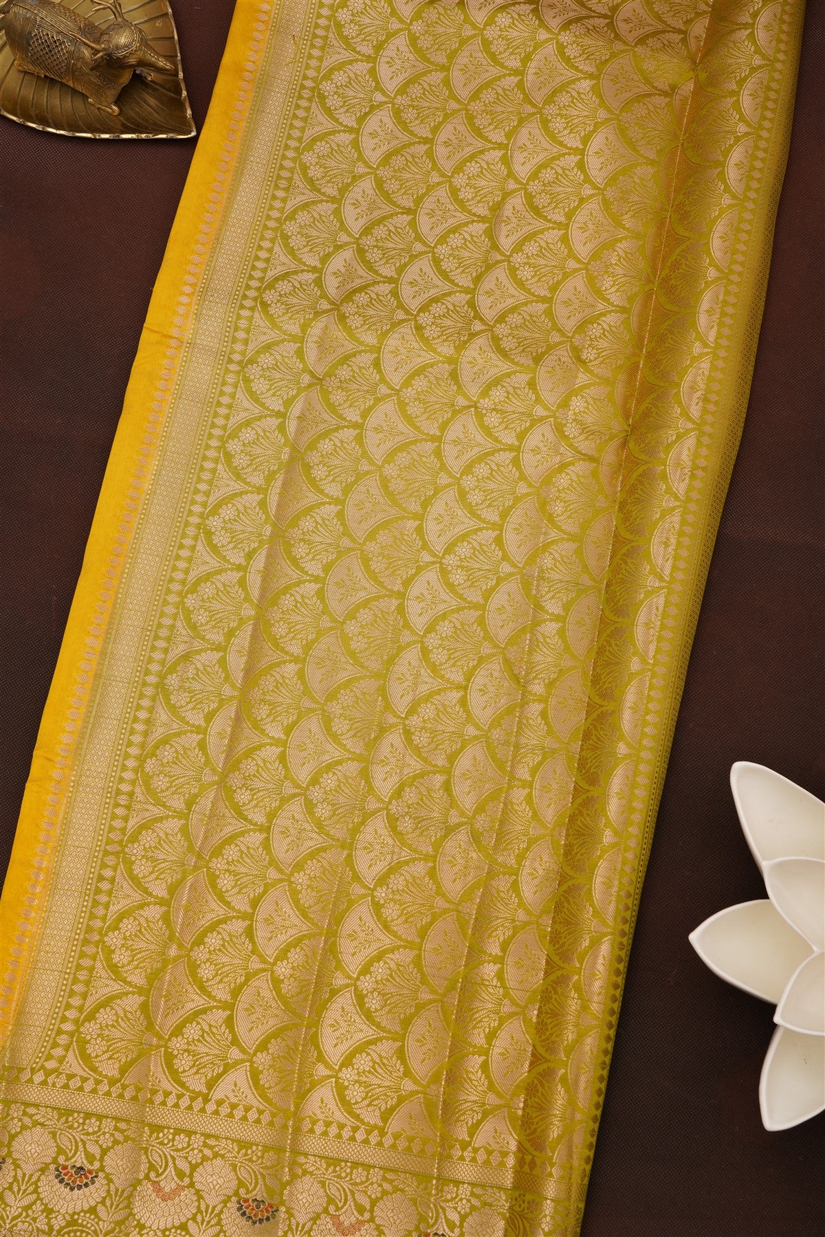 Banarasi Green Mango Silk Yellow Saree