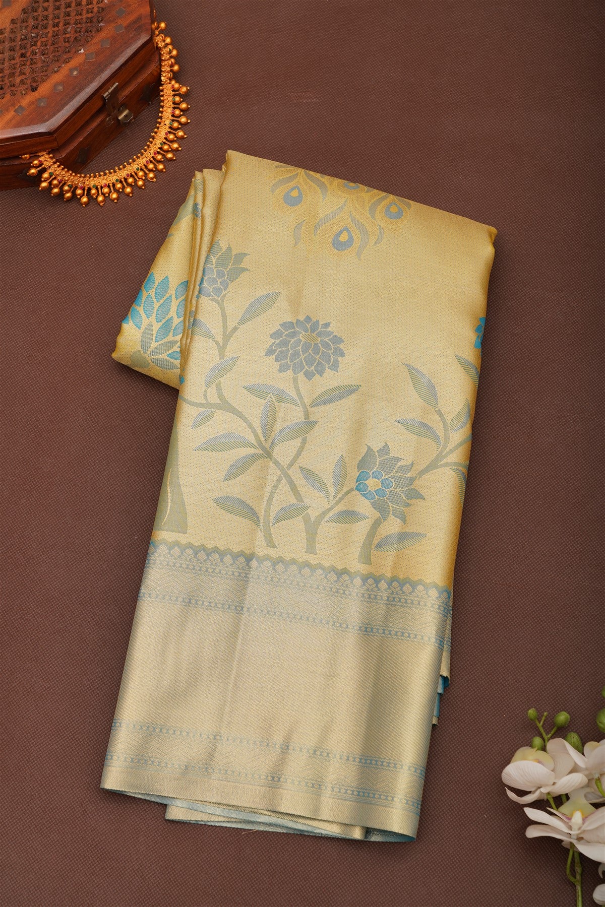 Semi Pattu Silk Blend Gold Saree