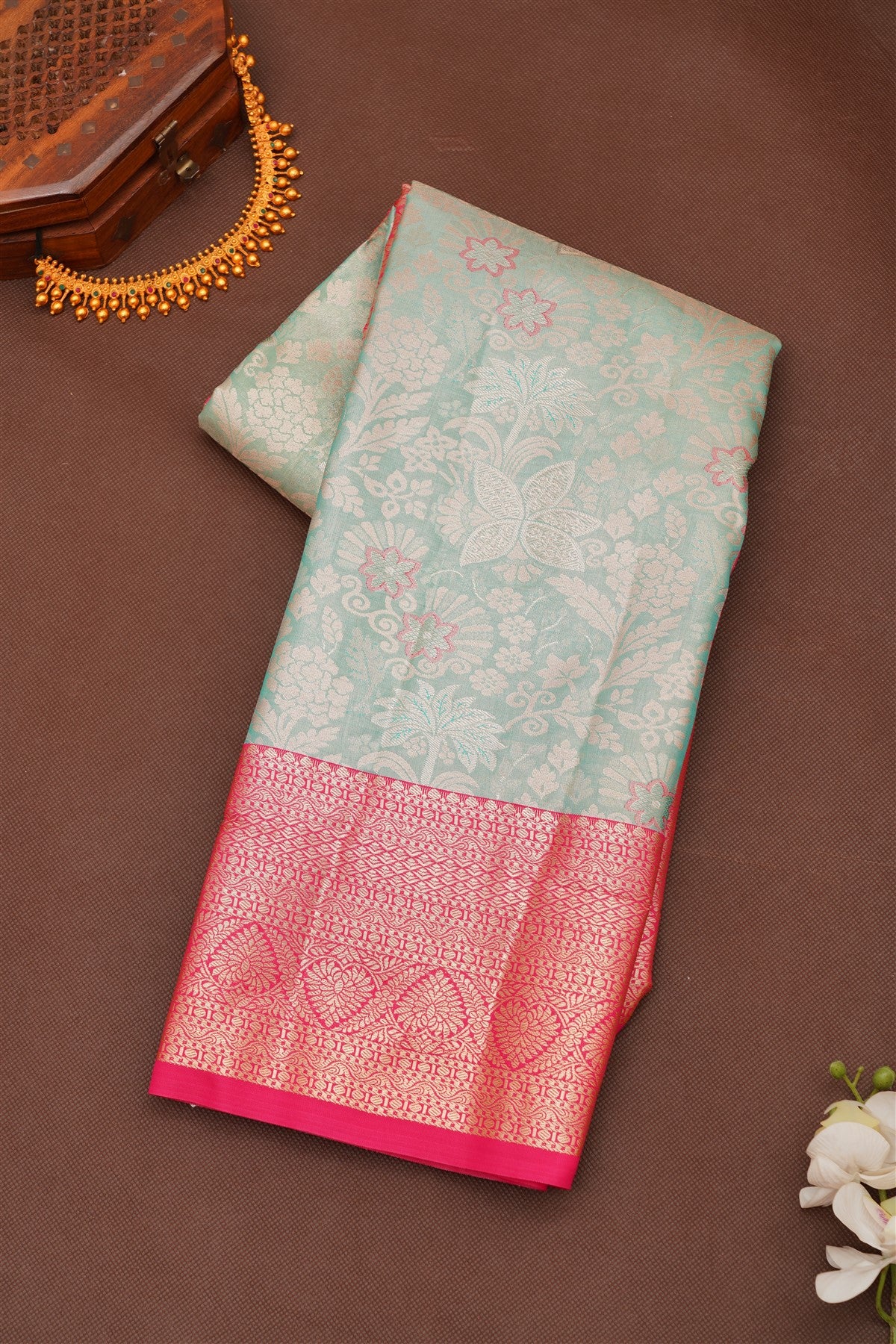 Semi Pattu Silk Blend Sea Green Saree