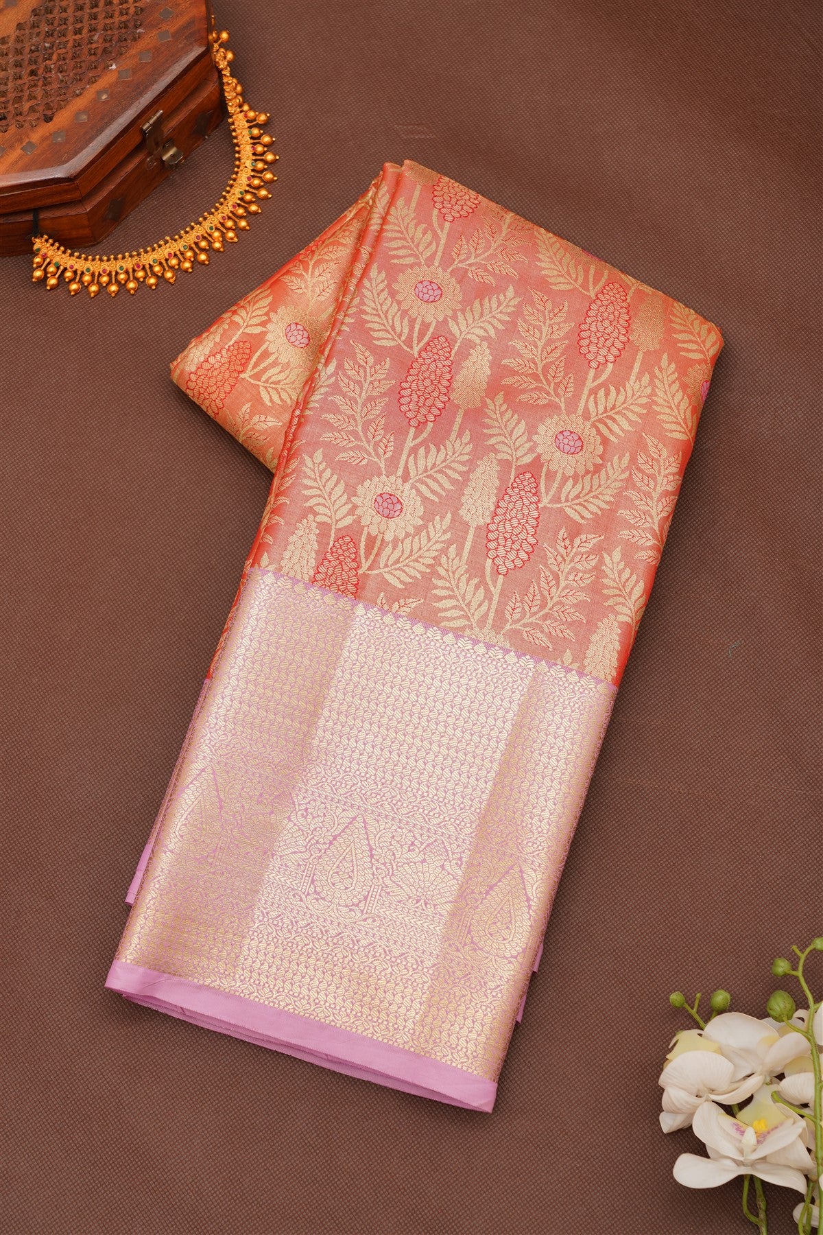 Semi Pattu Silk Blend Gold Red Saree