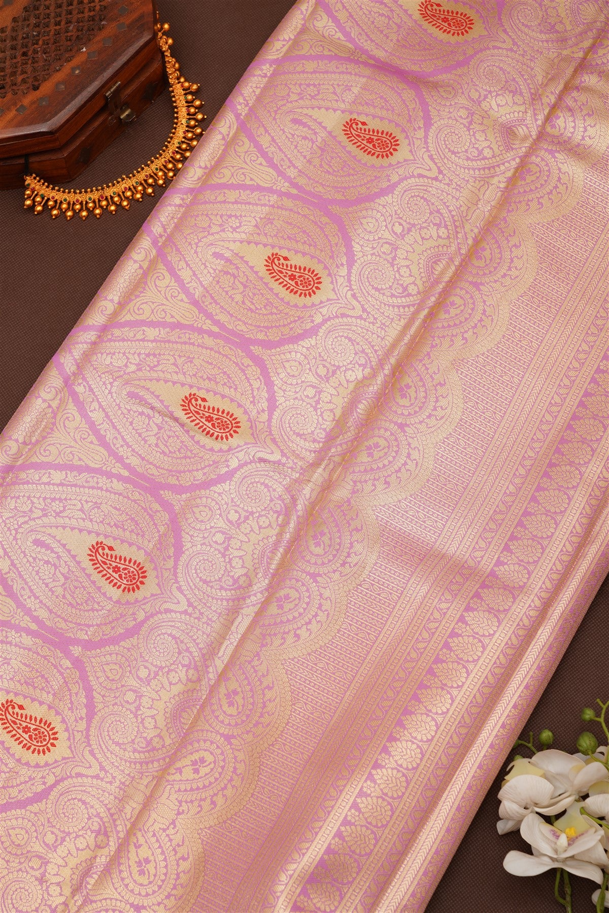 Semi Pattu Silk Blend Gold Red Saree
